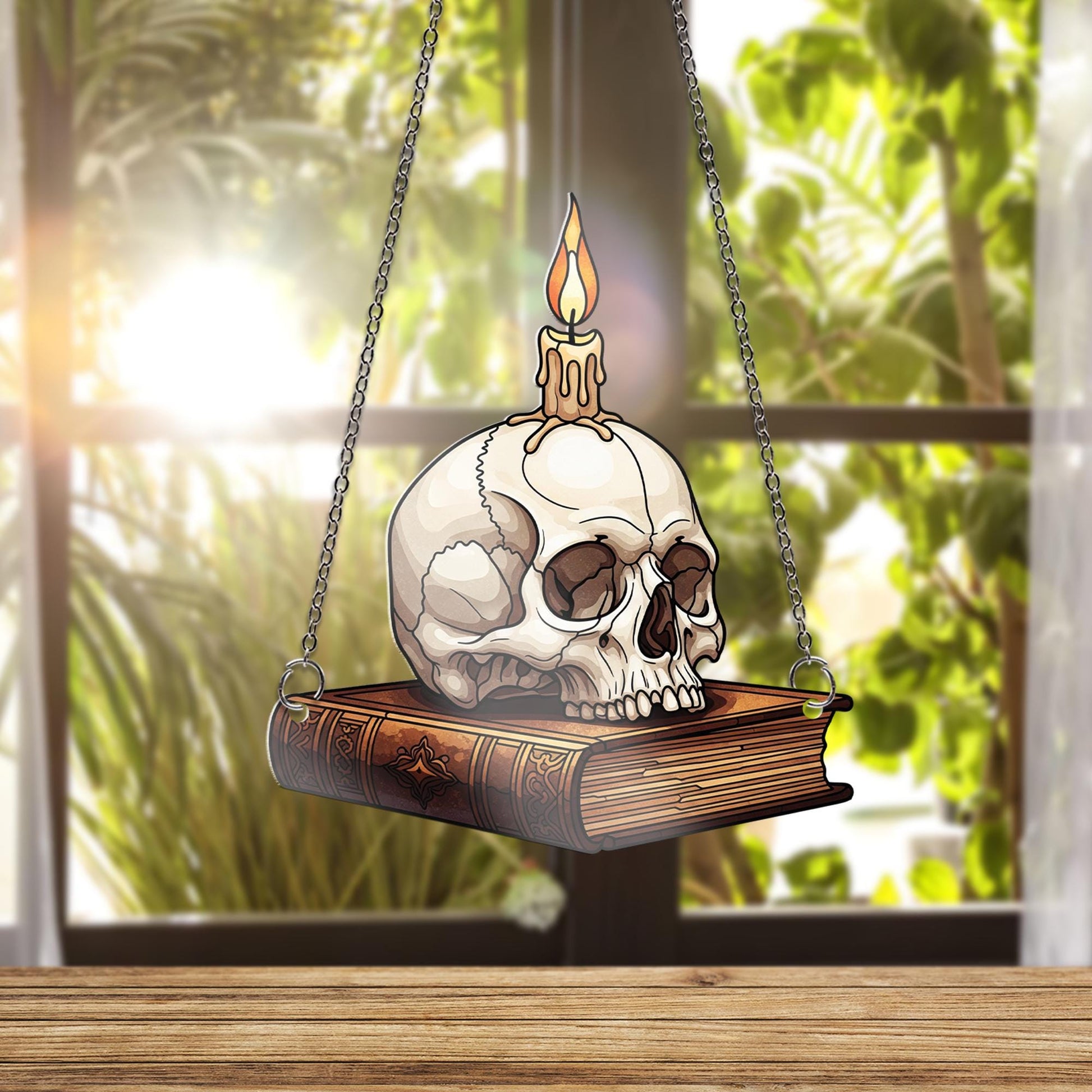 Faux Stained Glass Skull and Book Window Hanging – Gothic Candle Decor, Spooky Halloween Sun Catcher, Horror Library Art Gift