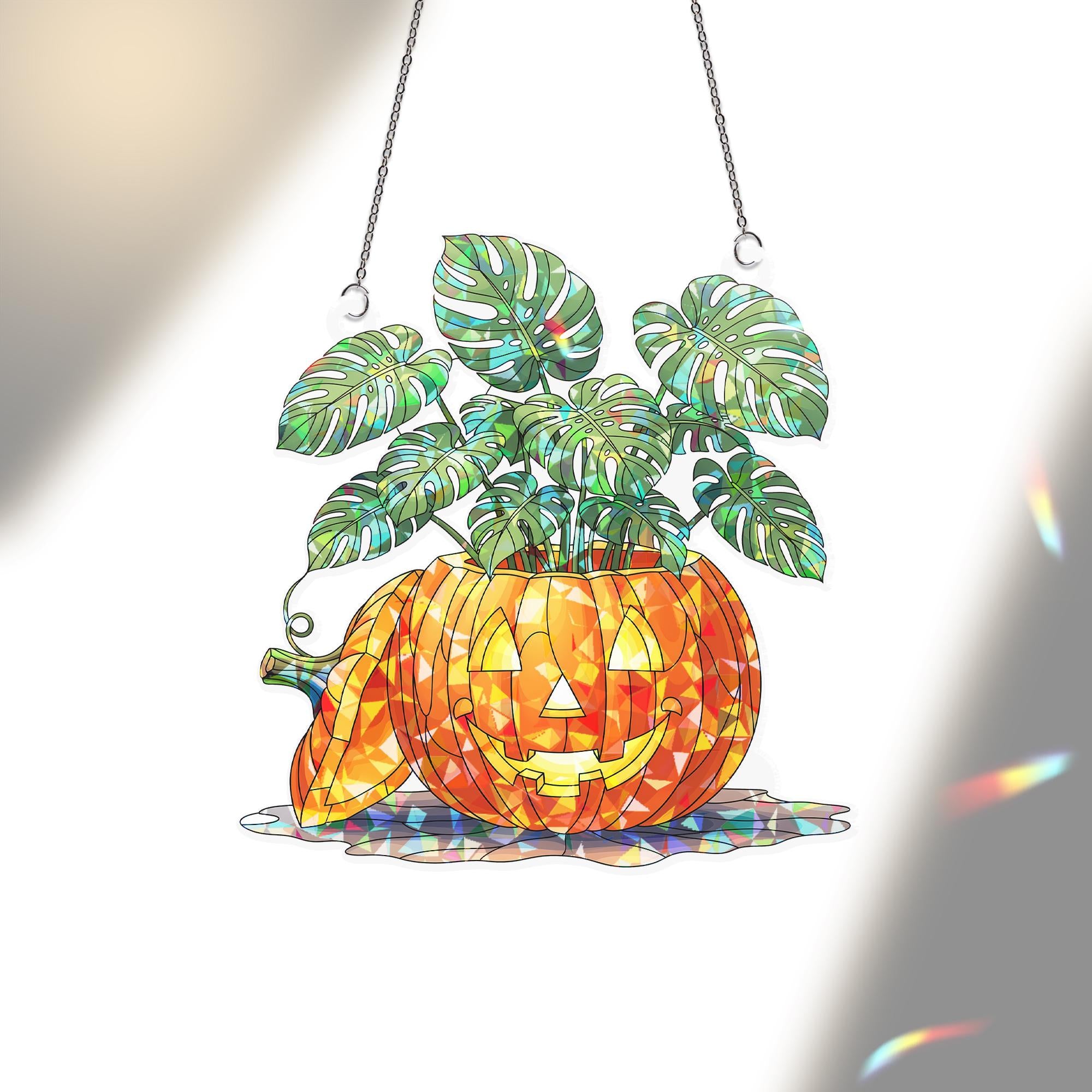 Pumpkin Monstera Stained Glass Suncatcher – Halloween Plant Decor Window Hanging