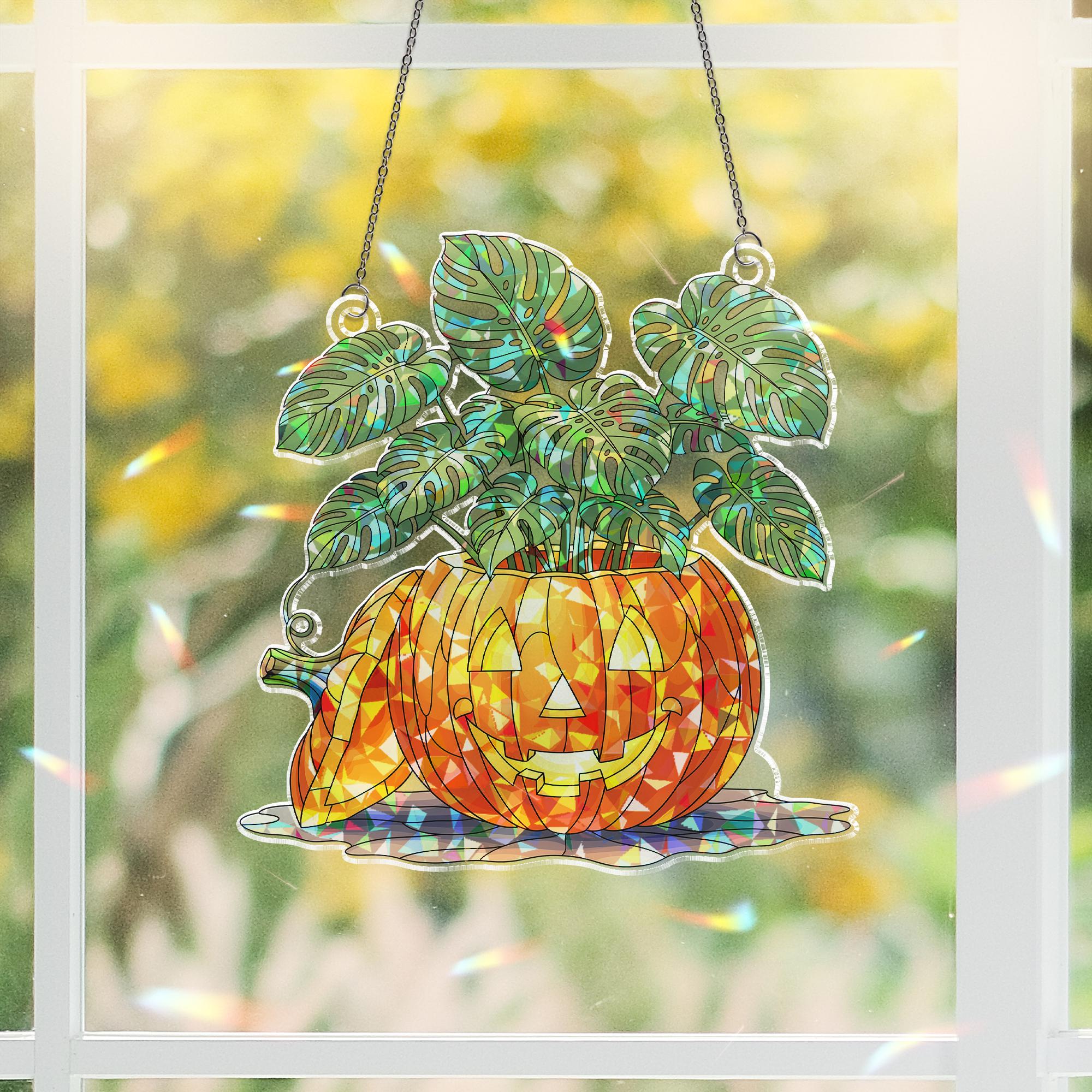 Pumpkin Monstera Stained Glass Suncatcher – Halloween Plant Decor Window Hanging