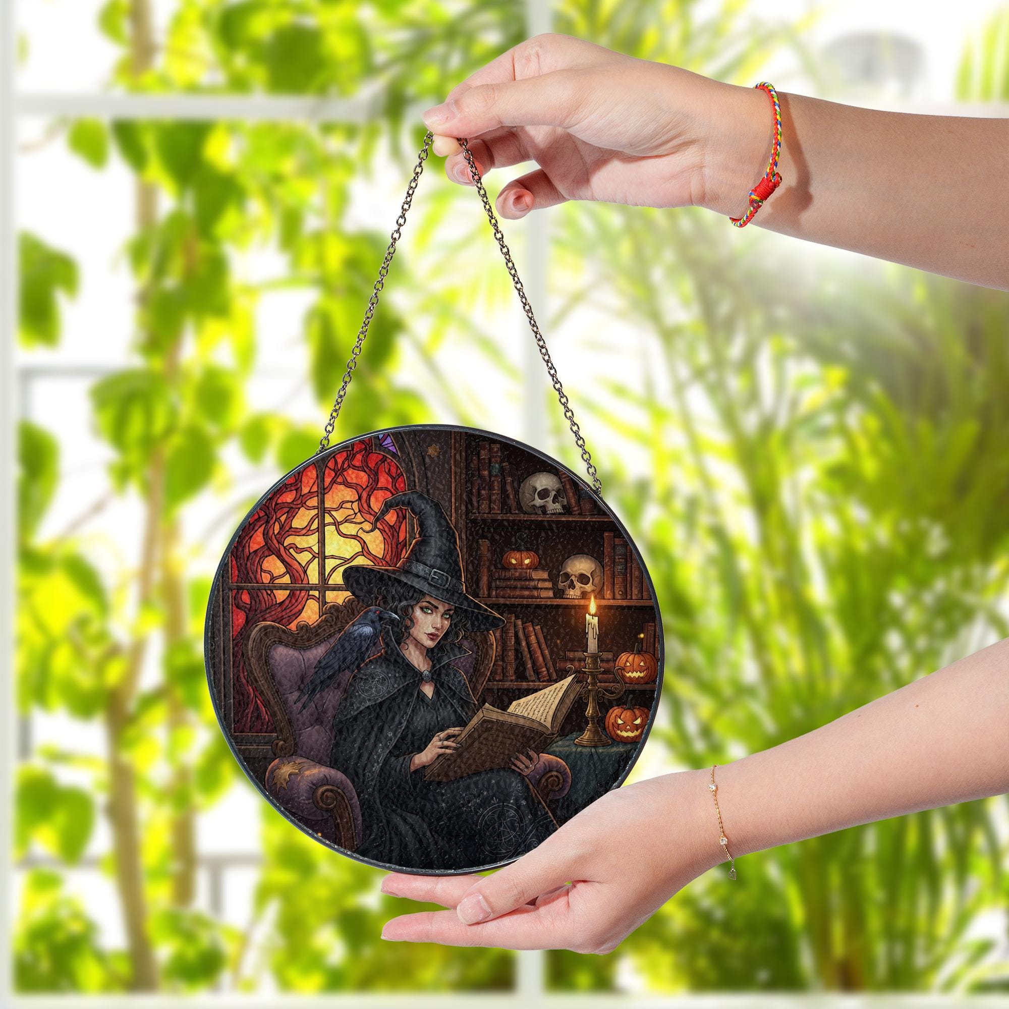 Witch Stained Glass Suncatcher – Gothic Halloween Window Decor with Raven & Books