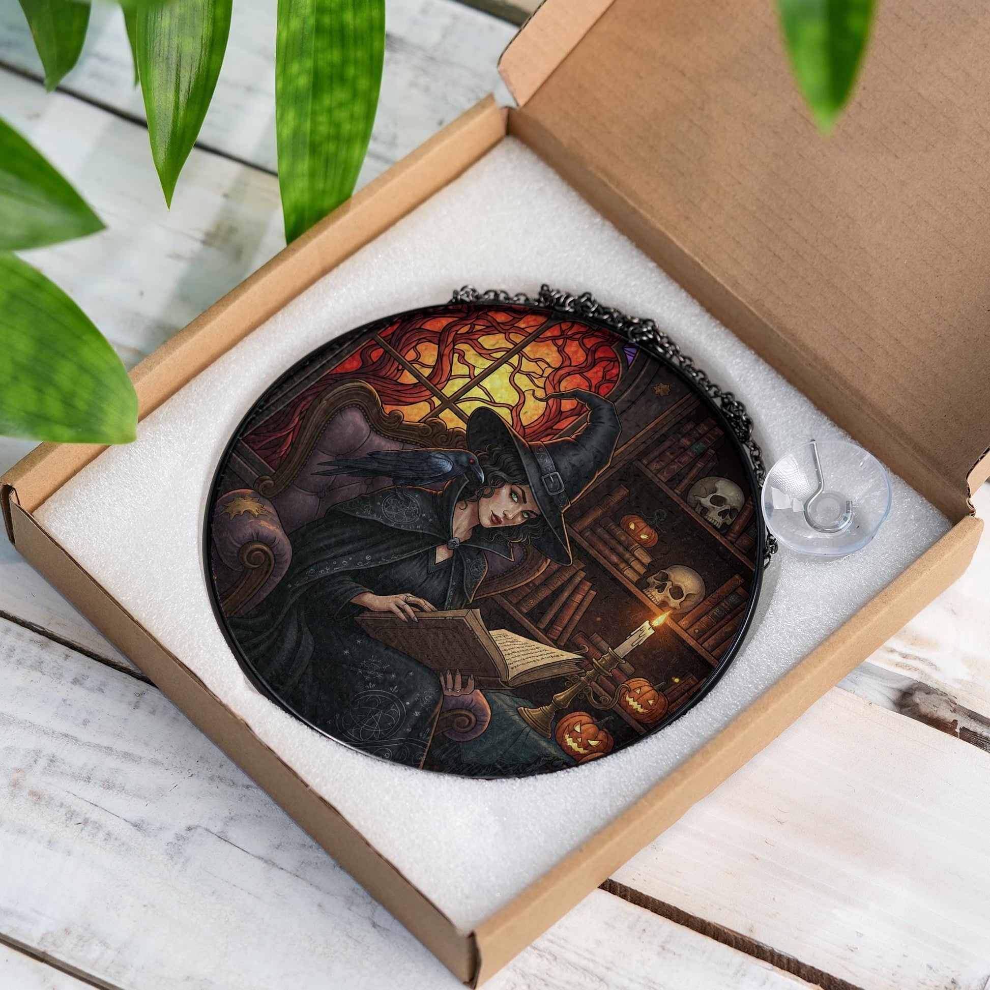 Witch Stained Glass Suncatcher – Gothic Halloween Window Decor with Raven & Books
