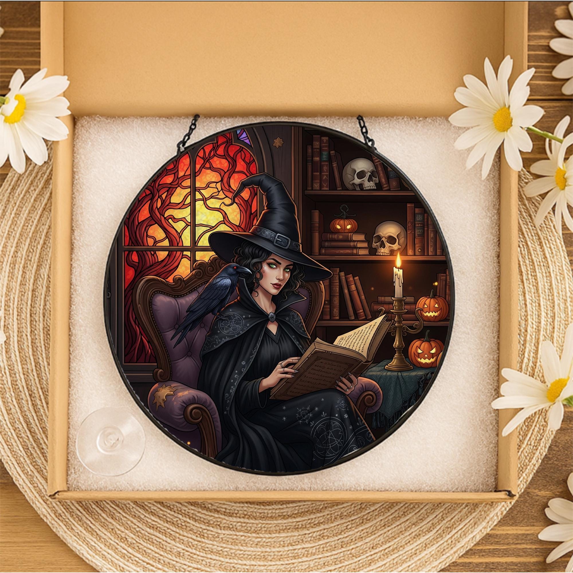 Witch Stained Glass Suncatcher – Gothic Halloween Window Decor with Raven & Books