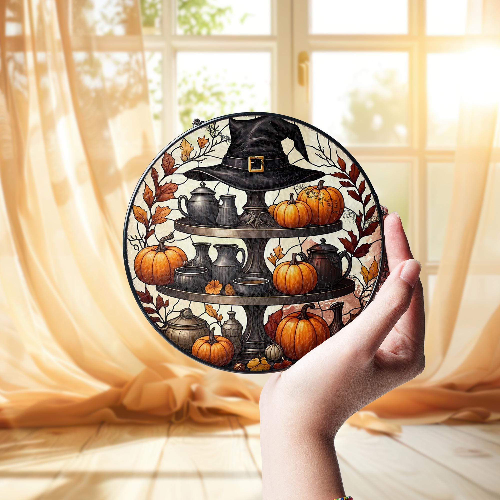 Halloween Stained Glass Suncatcher, Witch Hat & Pumpkin Tiered Tray, Fall Window Decor, Autumn Home Art