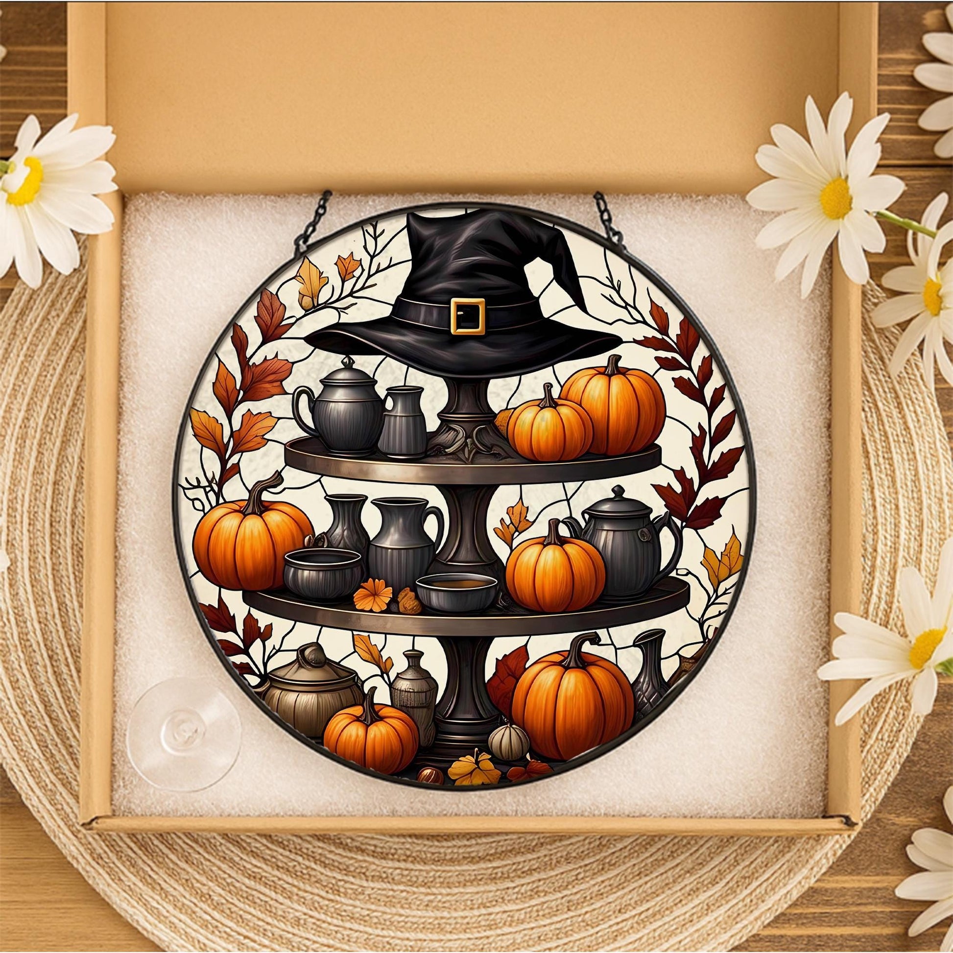 Halloween Stained Glass Suncatcher, Witch Hat & Pumpkin Tiered Tray, Fall Window Decor, Autumn Home Art
