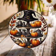 Halloween Stained Glass Suncatcher, Witch Hat & Pumpkin Tiered Tray, Fall Window Decor, Autumn Home Art
