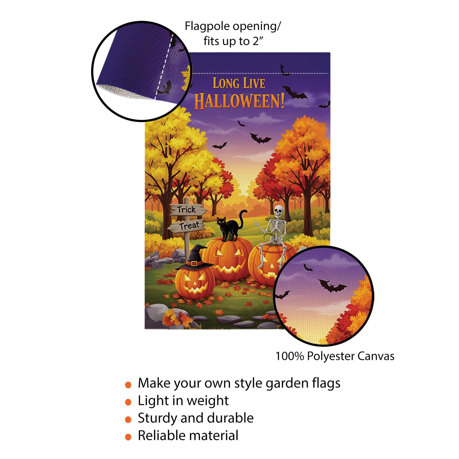 Long Live Halloween Garden Flag – Fall Pumpkin Skeleton Cat Yard Decor, Trick or Treat Outdoor Banner for Spooky Season Lovers