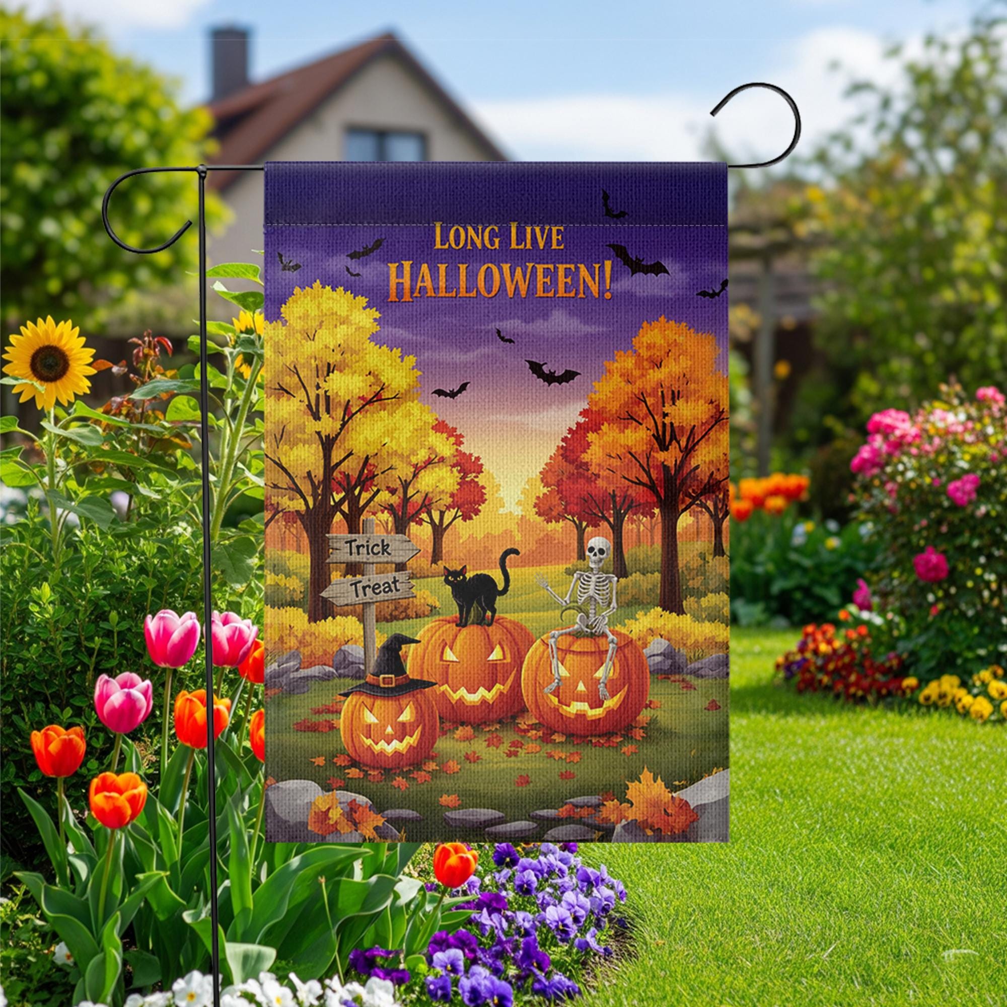 Long Live Halloween Garden Flag – Fall Pumpkin Skeleton Cat Yard Decor, Trick or Treat Outdoor Banner for Spooky Season Lovers