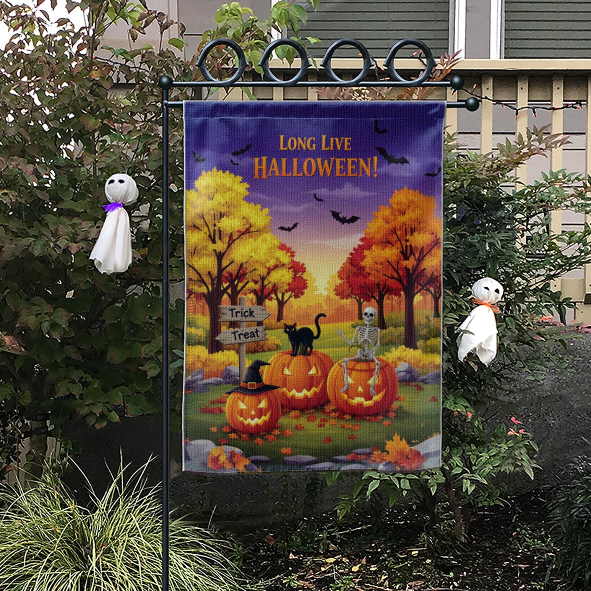 Long Live Halloween Garden Flag – Fall Pumpkin Skeleton Cat Yard Decor, Trick or Treat Outdoor Banner for Spooky Season Lovers