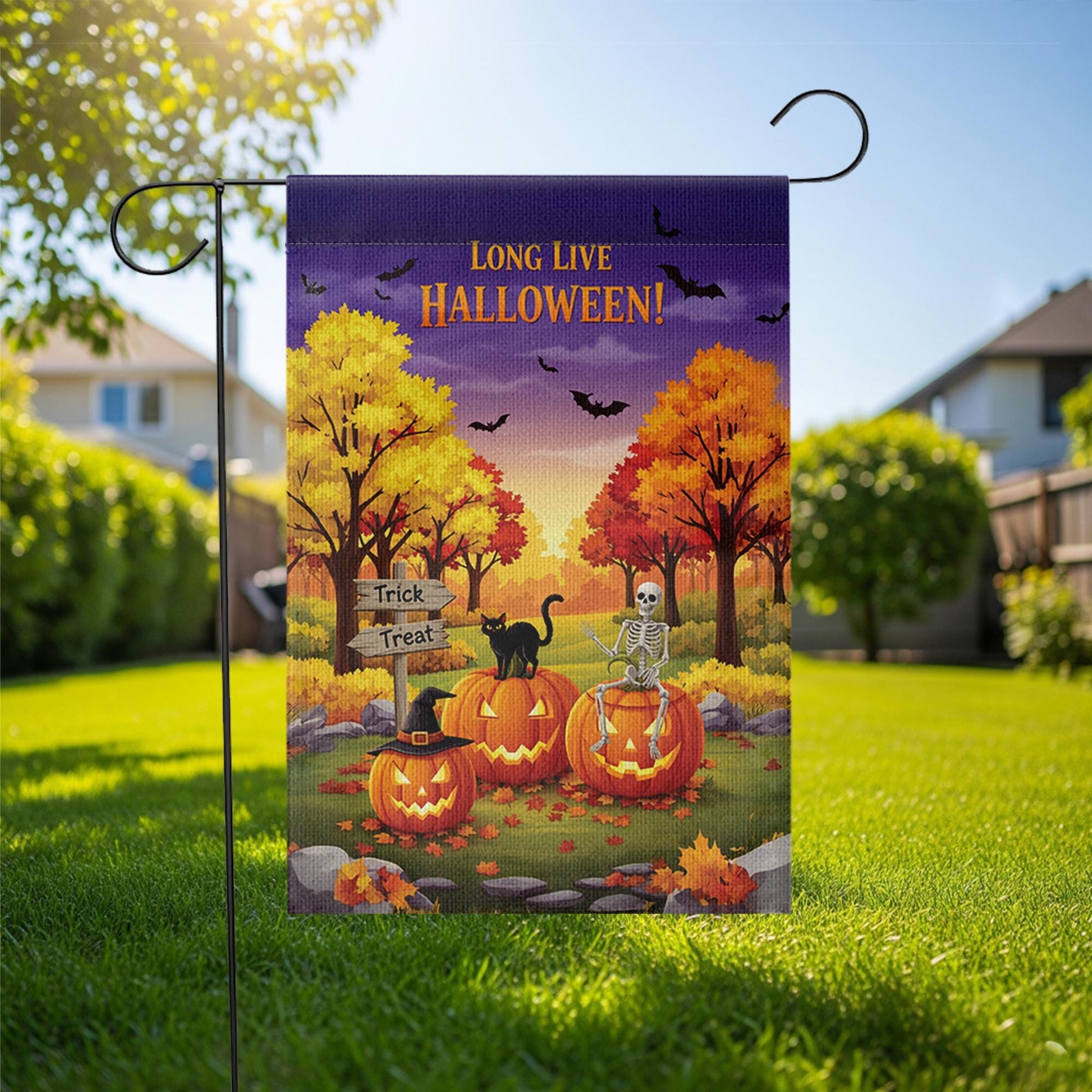 Long Live Halloween Garden Flag – Fall Pumpkin Skeleton Cat Yard Decor, Trick or Treat Outdoor Banner for Spooky Season Lovers