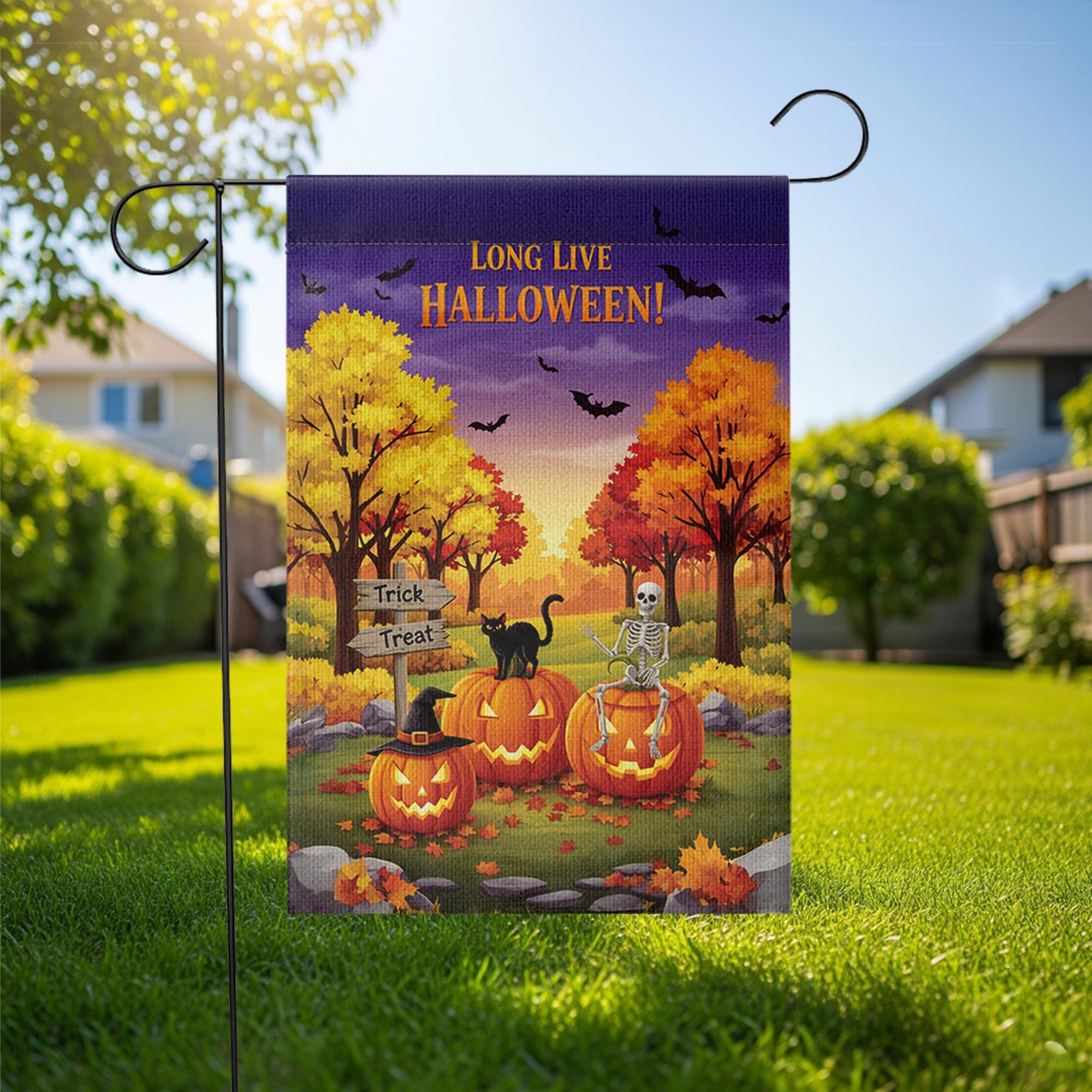 Long Live Halloween Garden Flag – Fall Pumpkin Skeleton Cat Yard Decor, Trick or Treat Outdoor Banner for Spooky Season Lovers