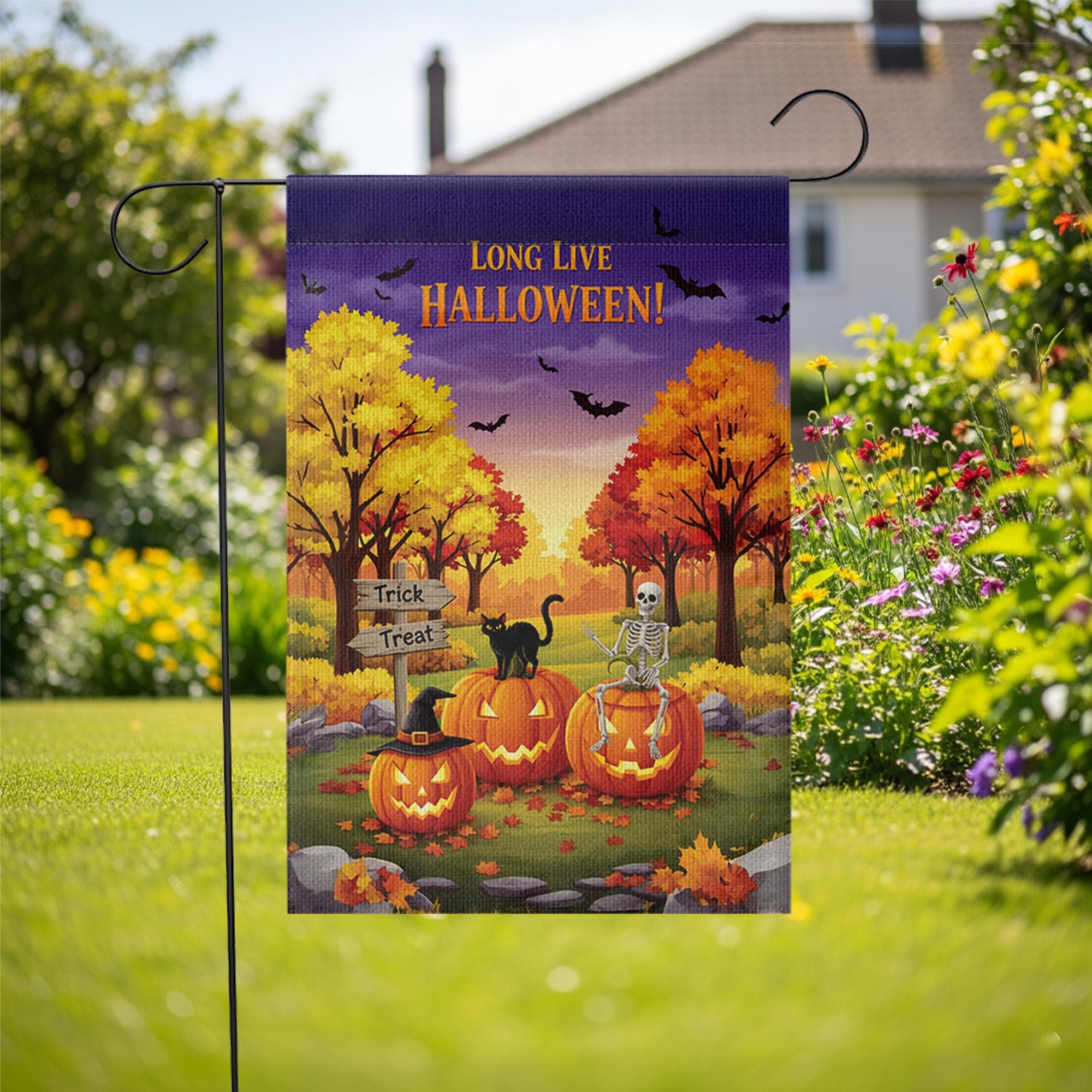 Long Live Halloween Garden Flag – Fall Pumpkin Skeleton Cat Yard Decor, Trick or Treat Outdoor Banner for Spooky Season Lovers