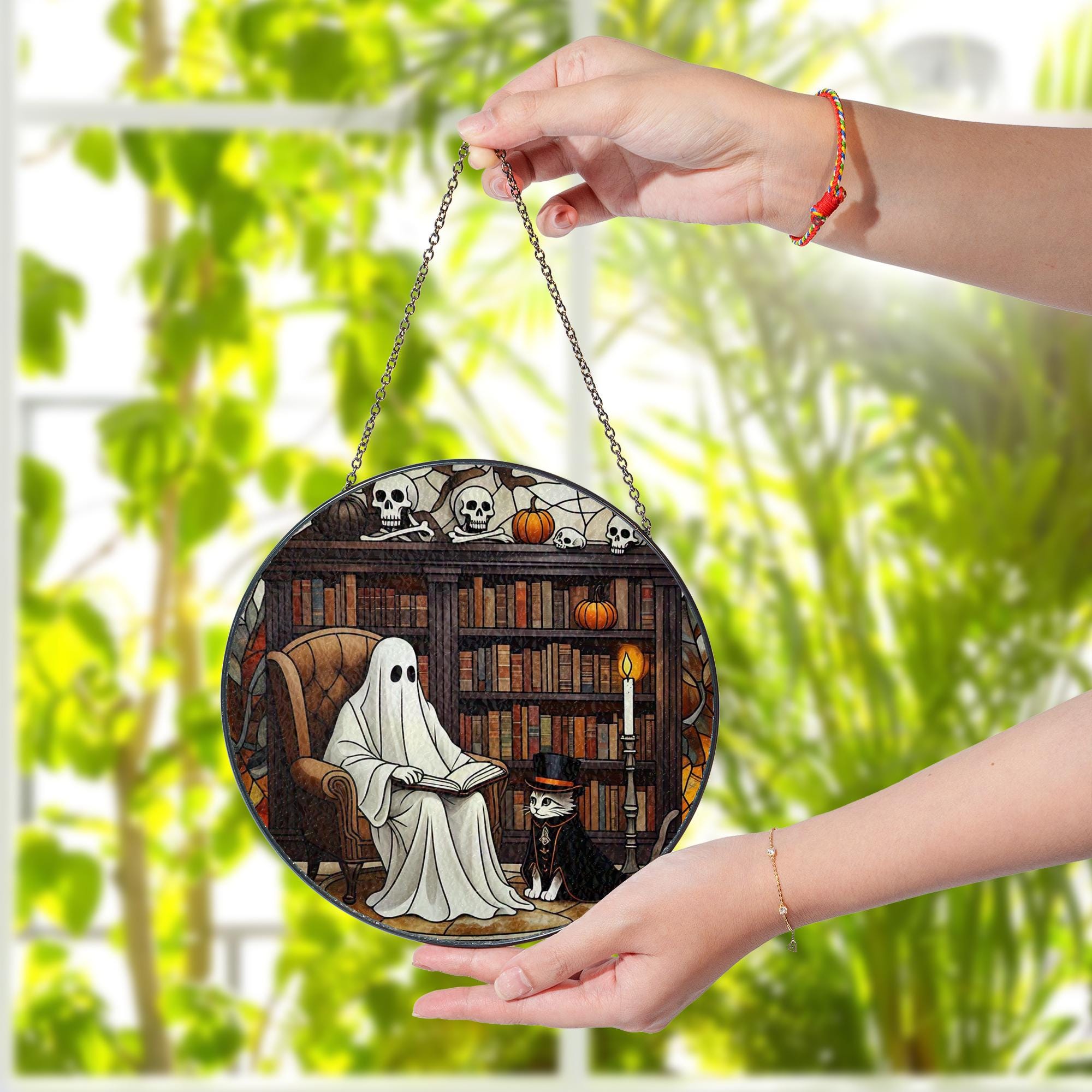 Ghost & Cat Stained Glass Suncatcher, Halloween Decor Window Art, Spooky Library Scene, Unique Fall Gift