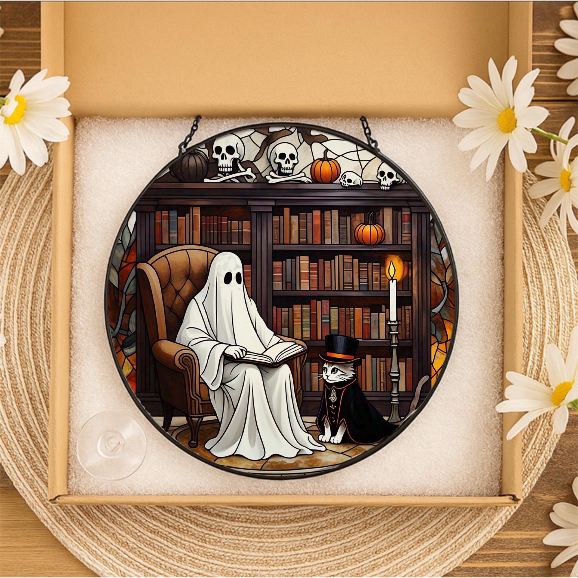 Ghost & Cat Stained Glass Suncatcher, Halloween Decor Window Art, Spooky Library Scene, Unique Fall Gift
