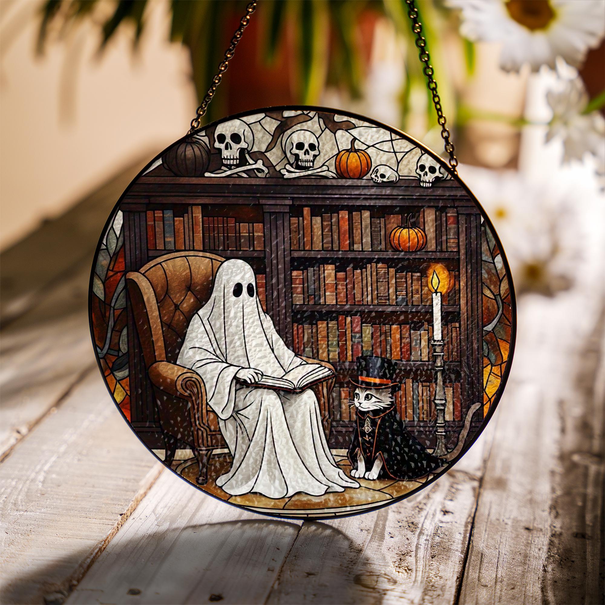 Ghost & Cat Stained Glass Suncatcher, Halloween Decor Window Art, Spooky Library Scene, Unique Fall Gift