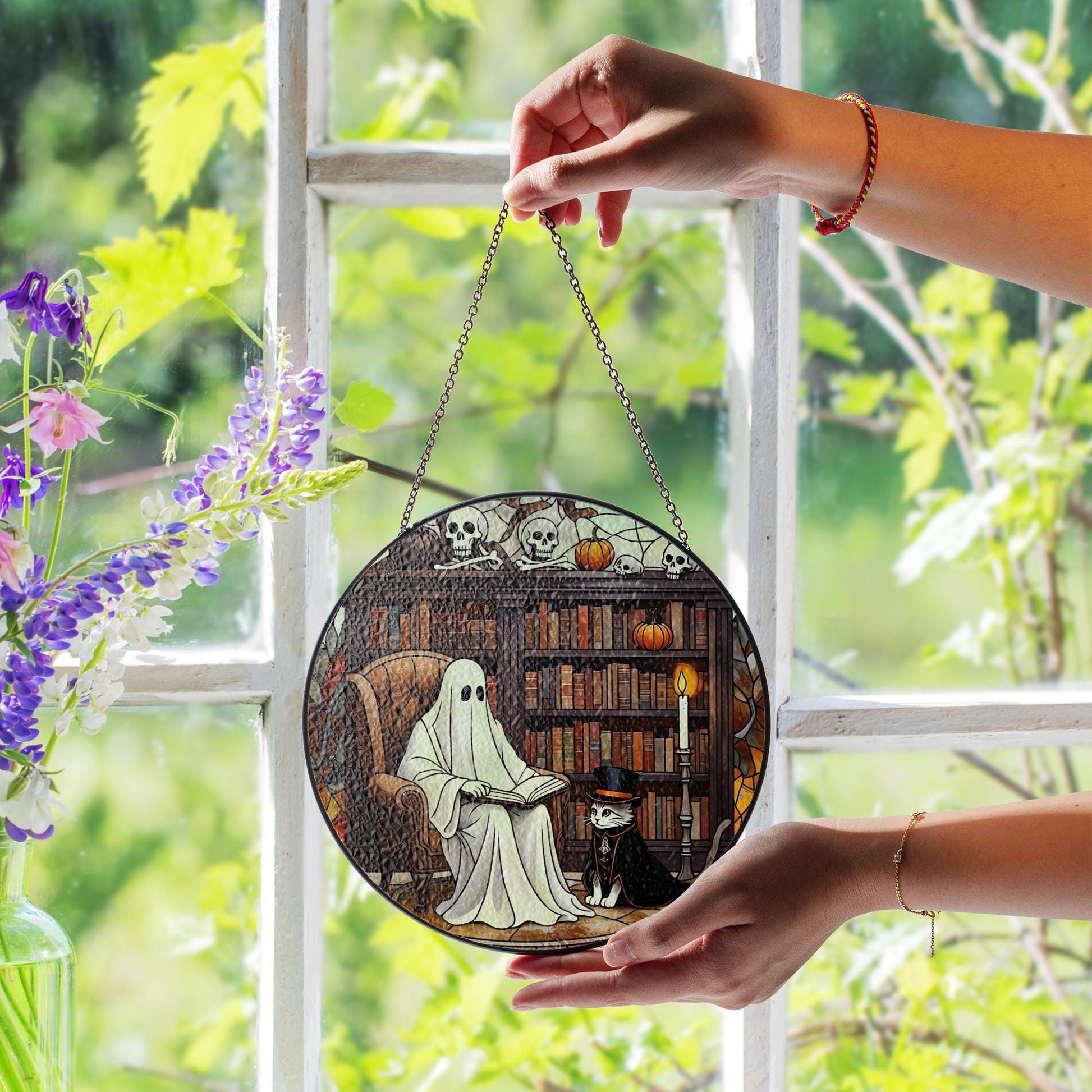 Ghost & Cat Stained Glass Suncatcher, Halloween Decor Window Art, Spooky Library Scene, Unique Fall Gift
