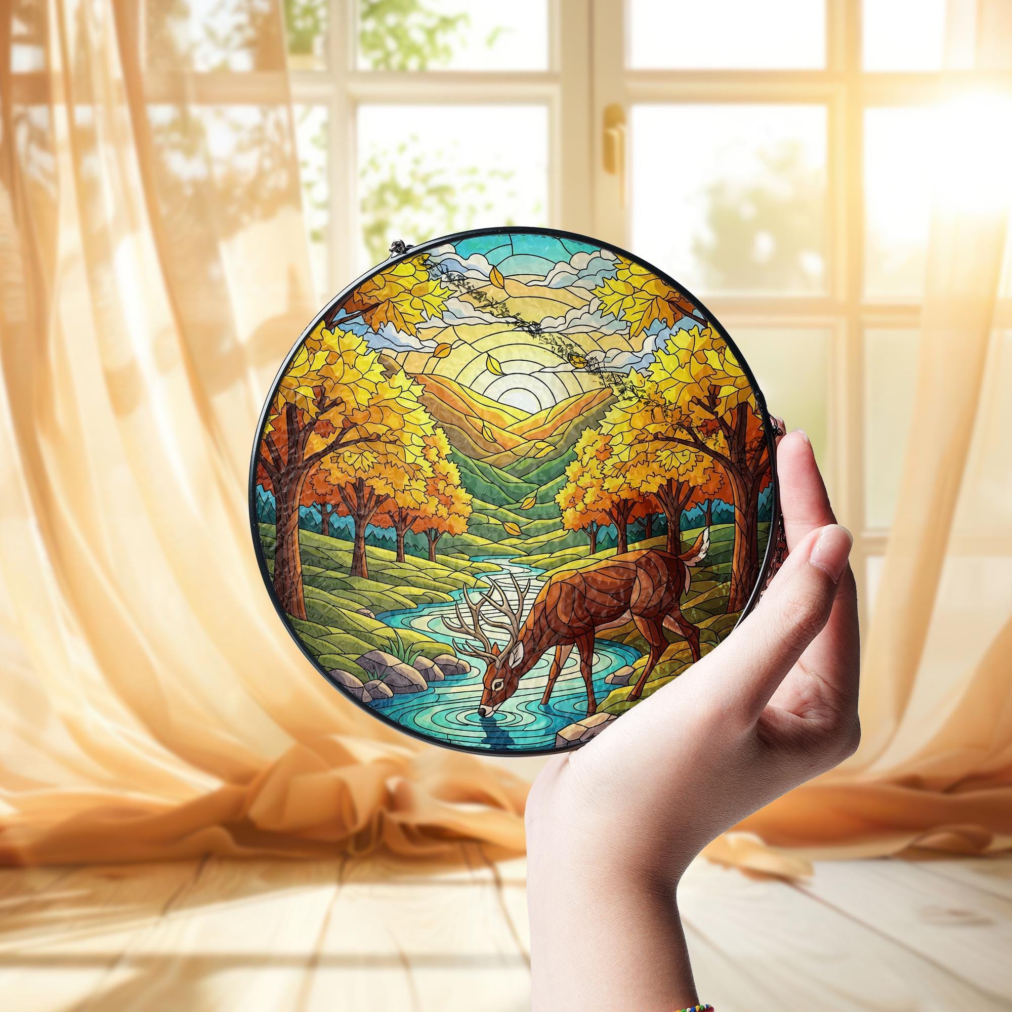 Majestic Deer Forest River Stained Glass Suncatcher, Nature Lover Window Hanging, Autumn Landscape Art