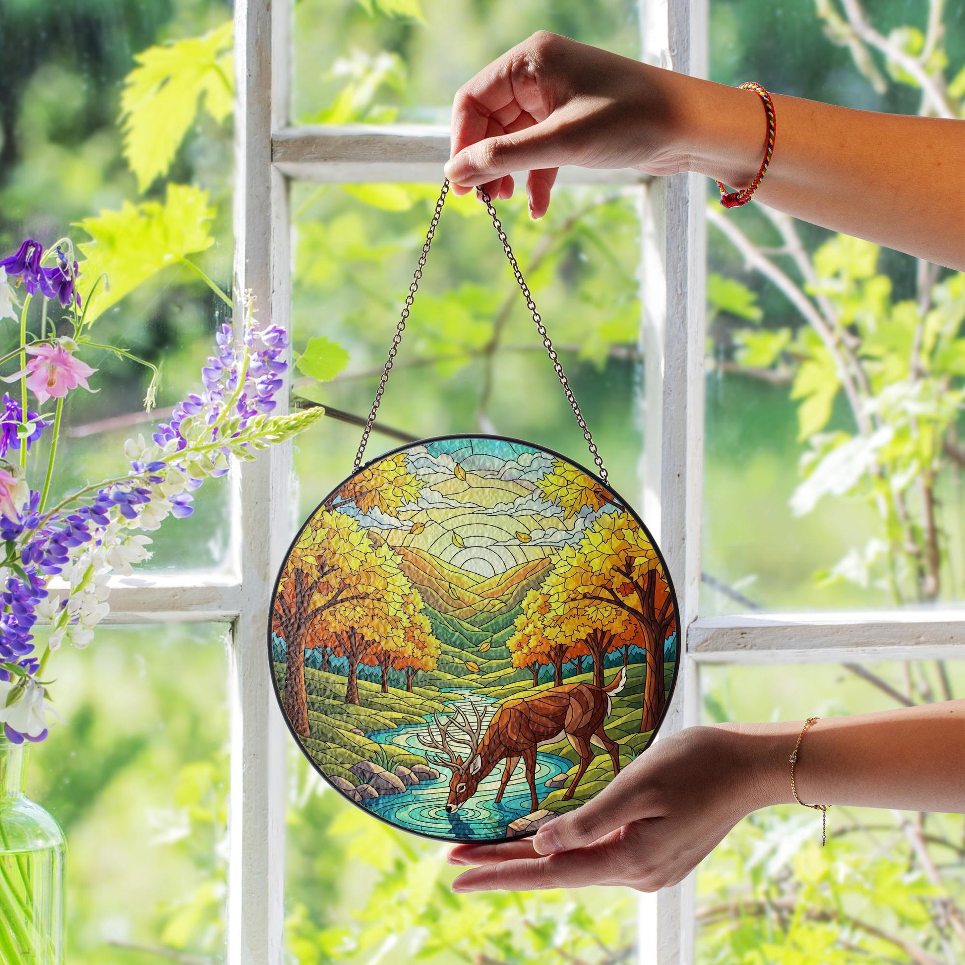 Majestic Deer Forest River Stained Glass Suncatcher, Nature Lover Window Hanging, Autumn Landscape Art
