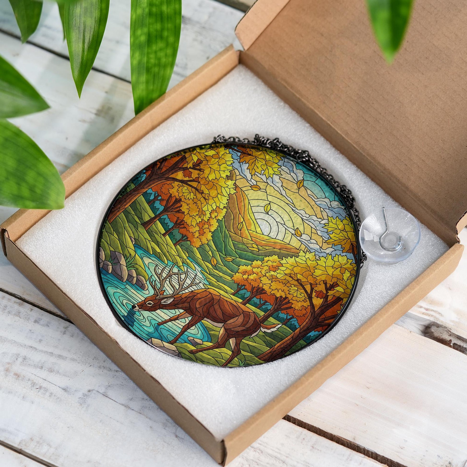 Majestic Deer Forest River Stained Glass Suncatcher, Nature Lover Window Hanging, Autumn Landscape Art