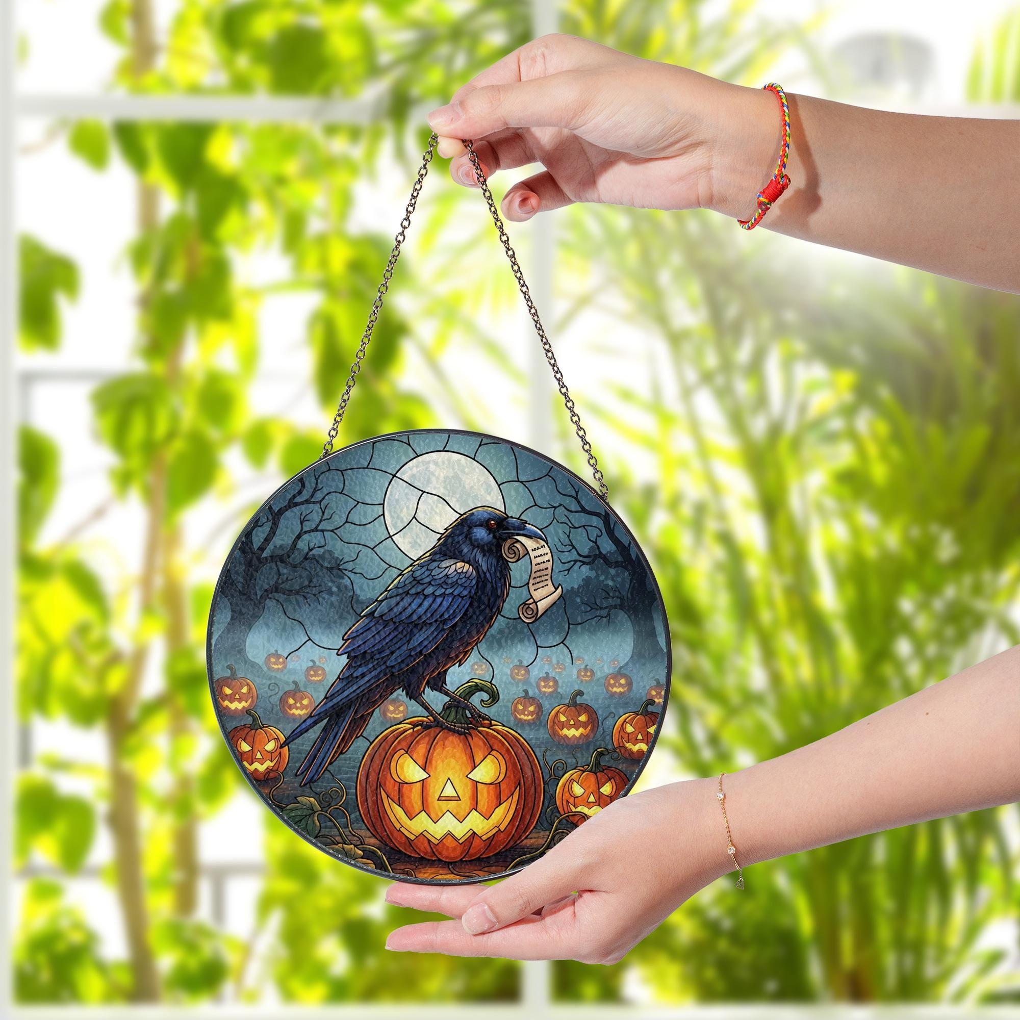 Halloween Raven Suncatcher – Stained Glass Style Window Hanging with Pumpkin & Moon Decor