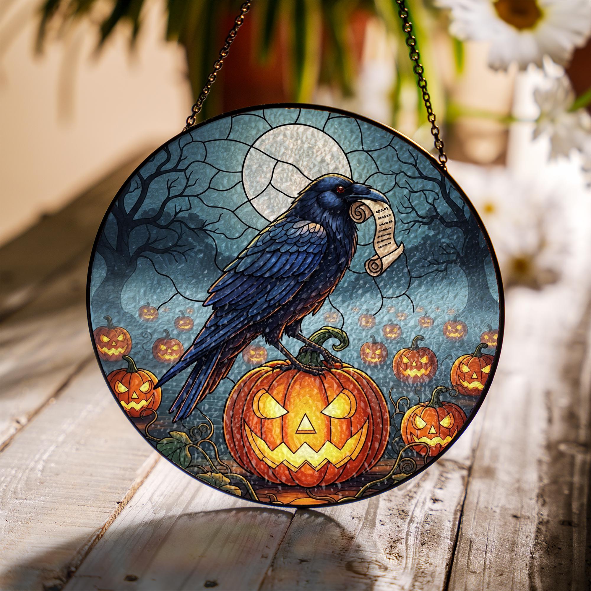 Halloween Raven Suncatcher – Stained Glass Style Window Hanging with Pumpkin & Moon Decor
