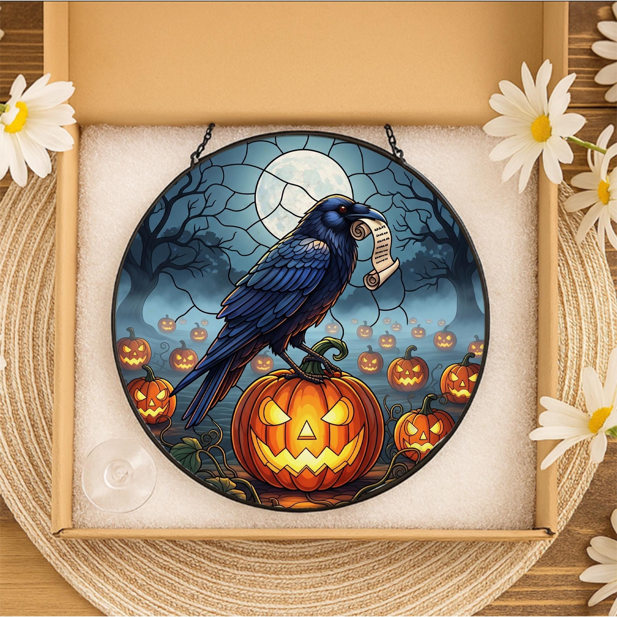 Halloween Raven Suncatcher – Stained Glass Style Window Hanging with Pumpkin & Moon Decor