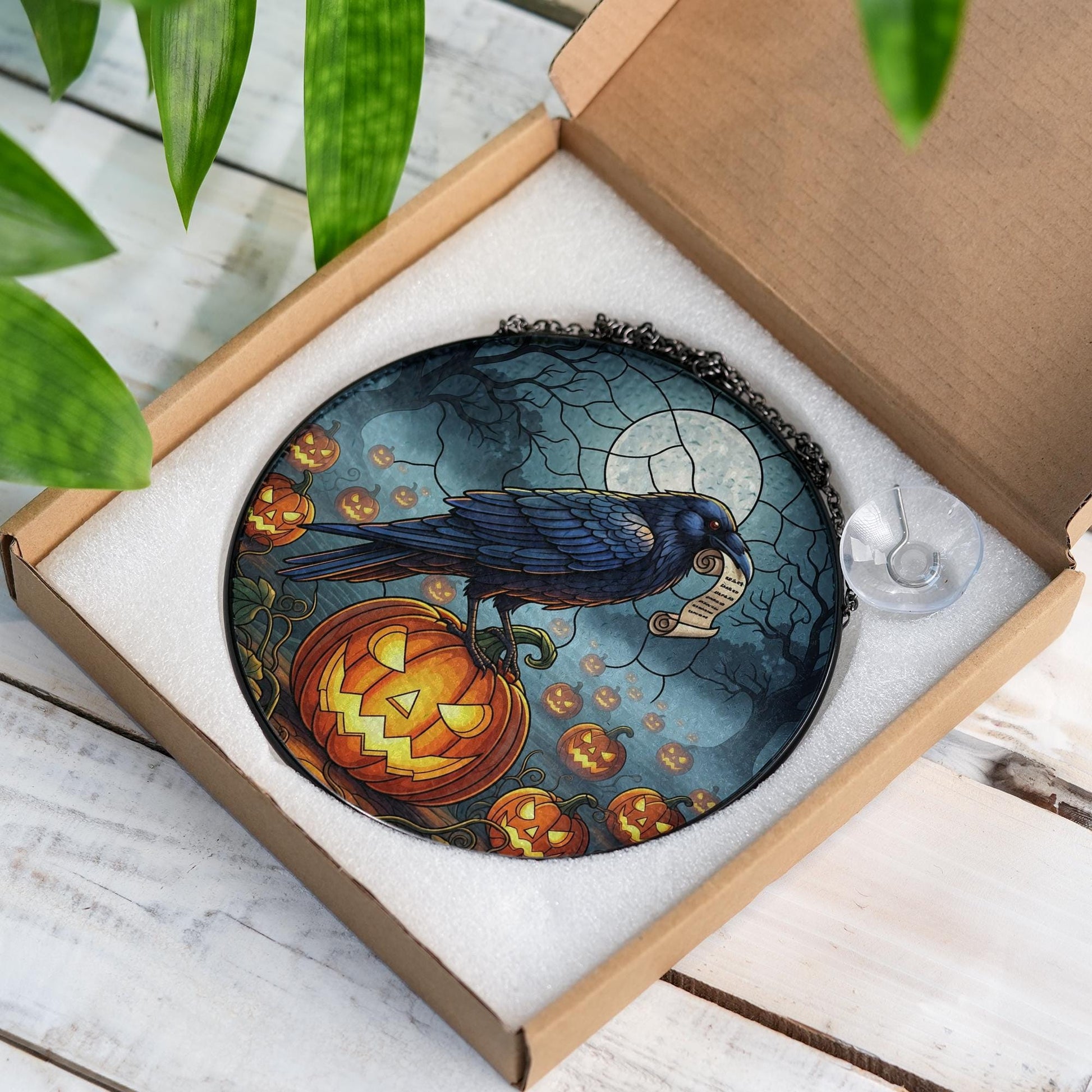 Halloween Raven Suncatcher – Stained Glass Style Window Hanging with Pumpkin & Moon Decor
