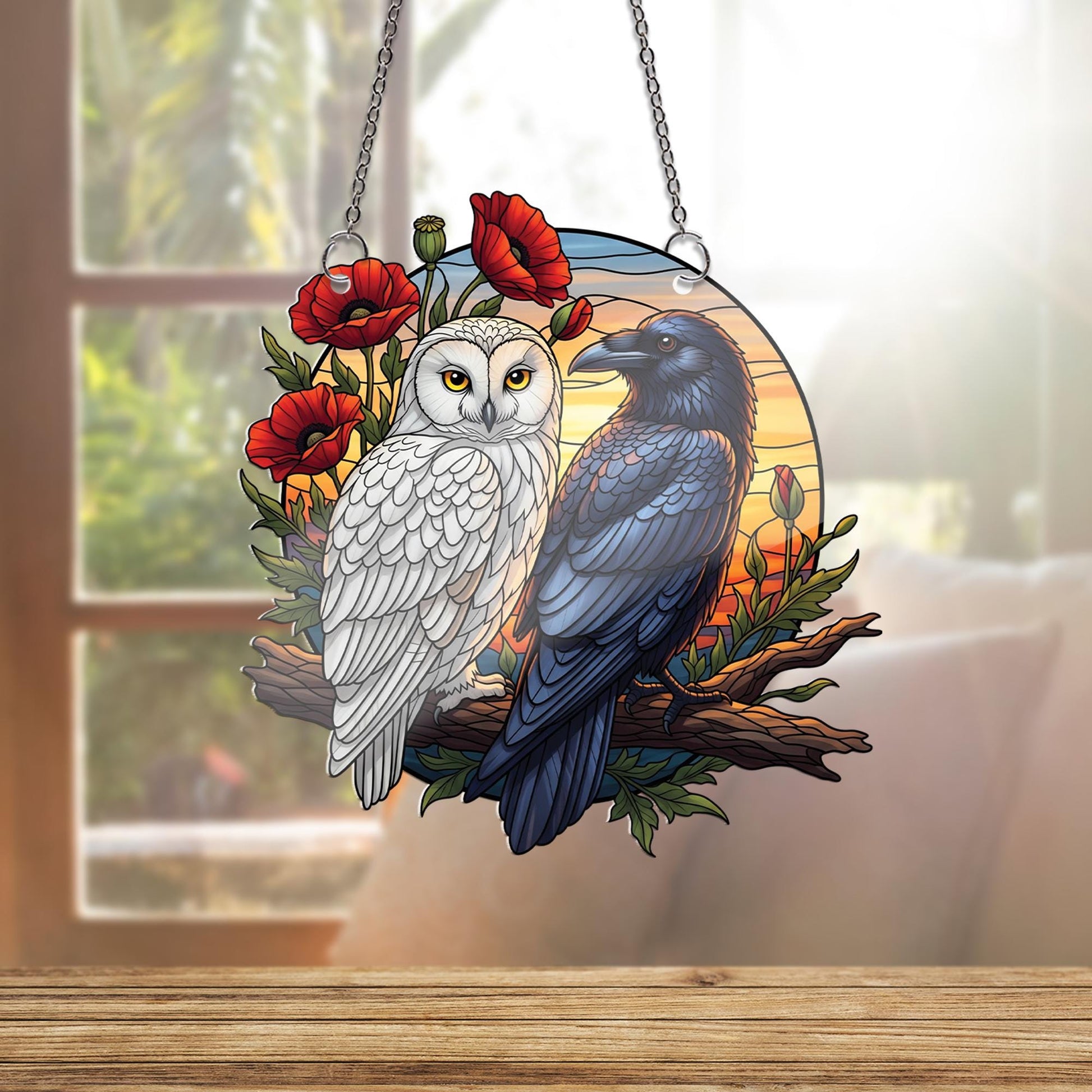Raven and Owl Sunset Faux Stained Glass Window Hanging – Gothic Bird Suncatcher Decor, Nature Gothic Boho Wall Art Gift