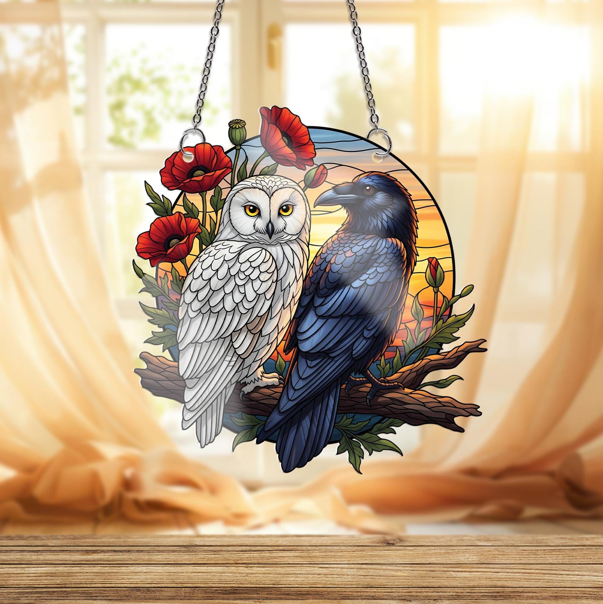 Raven and Owl Sunset Faux Stained Glass Window Hanging – Gothic Bird Suncatcher Decor, Nature Gothic Boho Wall Art Gift