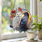 Raven and Owl Sunset Faux Stained Glass Window Hanging – Gothic Bird Suncatcher Decor, Nature Gothic Boho Wall Art Gift