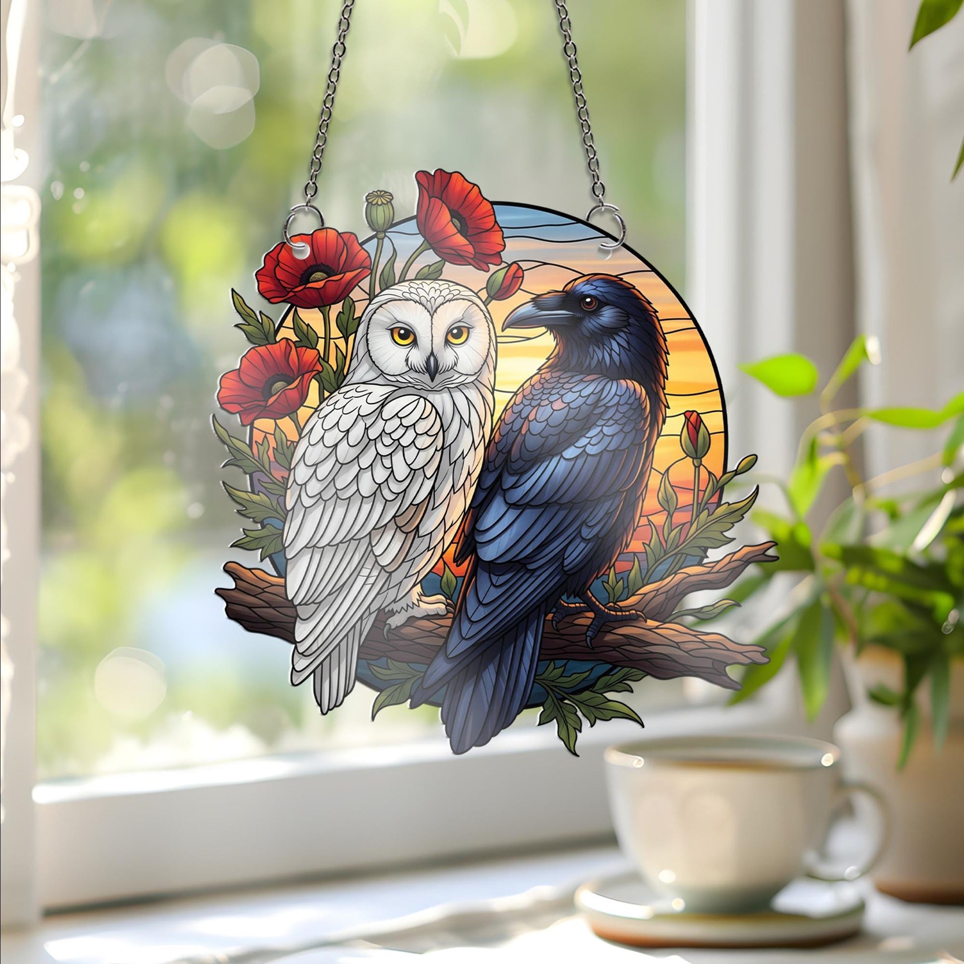 Raven and Owl Sunset Faux Stained Glass Window Hanging – Gothic Bird Suncatcher Decor, Nature Gothic Boho Wall Art Gift