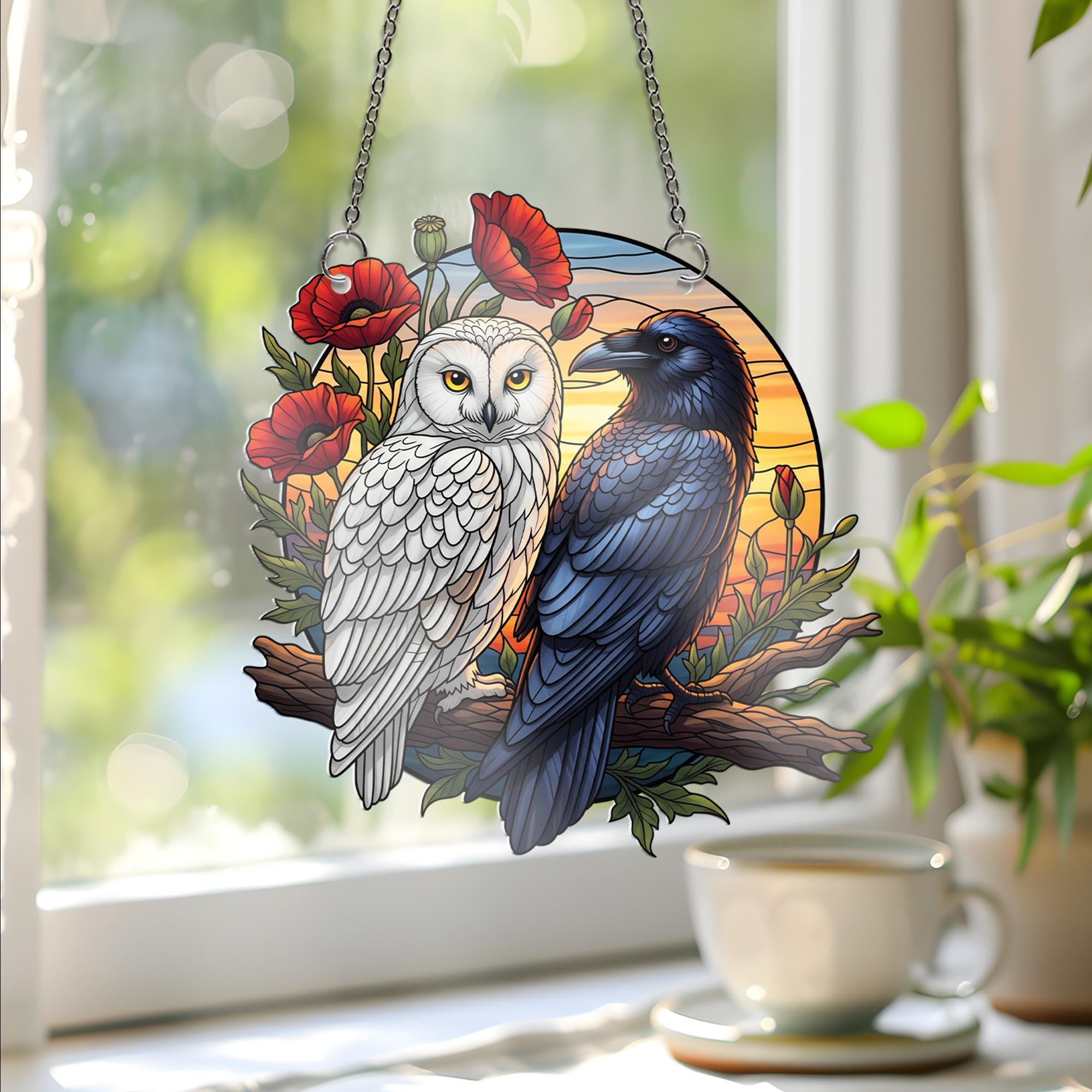 Raven and Owl Sunset Faux Stained Glass Window Hanging – Gothic Bird Suncatcher Decor, Nature Gothic Boho Wall Art Gift