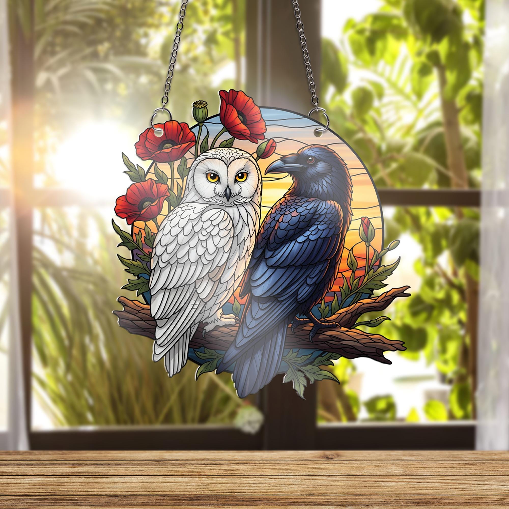 Raven and Owl Sunset Faux Stained Glass Window Hanging – Gothic Bird Suncatcher Decor, Nature Gothic Boho Wall Art Gift