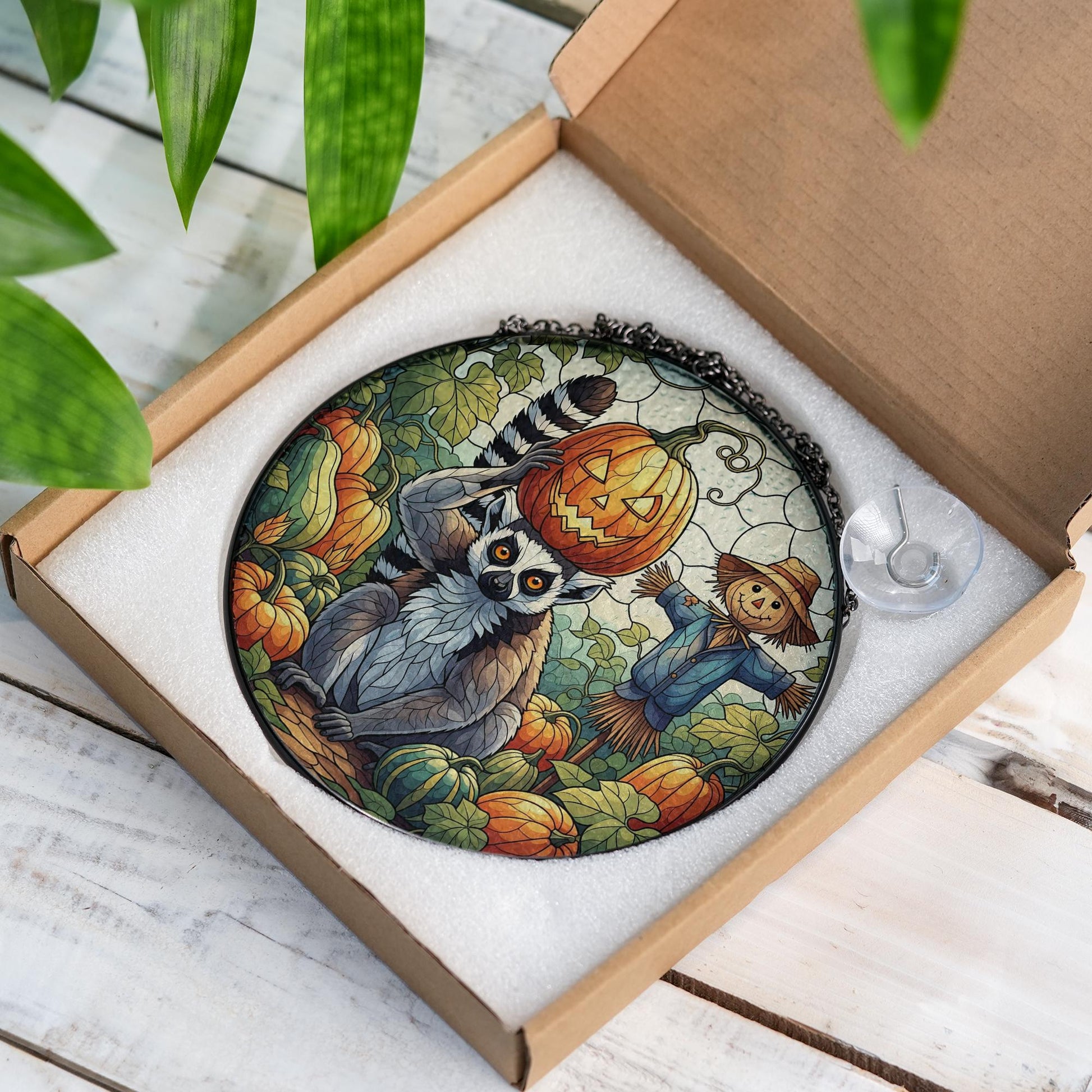 Lemur Pumpkin Halloween Stained Glass Suncatcher, Fall Window Decor, Scarecrow Autumn Art, Unique Animal Gif