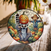 Lemur Pumpkin Halloween Stained Glass Suncatcher, Fall Window Decor, Scarecrow Autumn Art, Unique Animal Gif