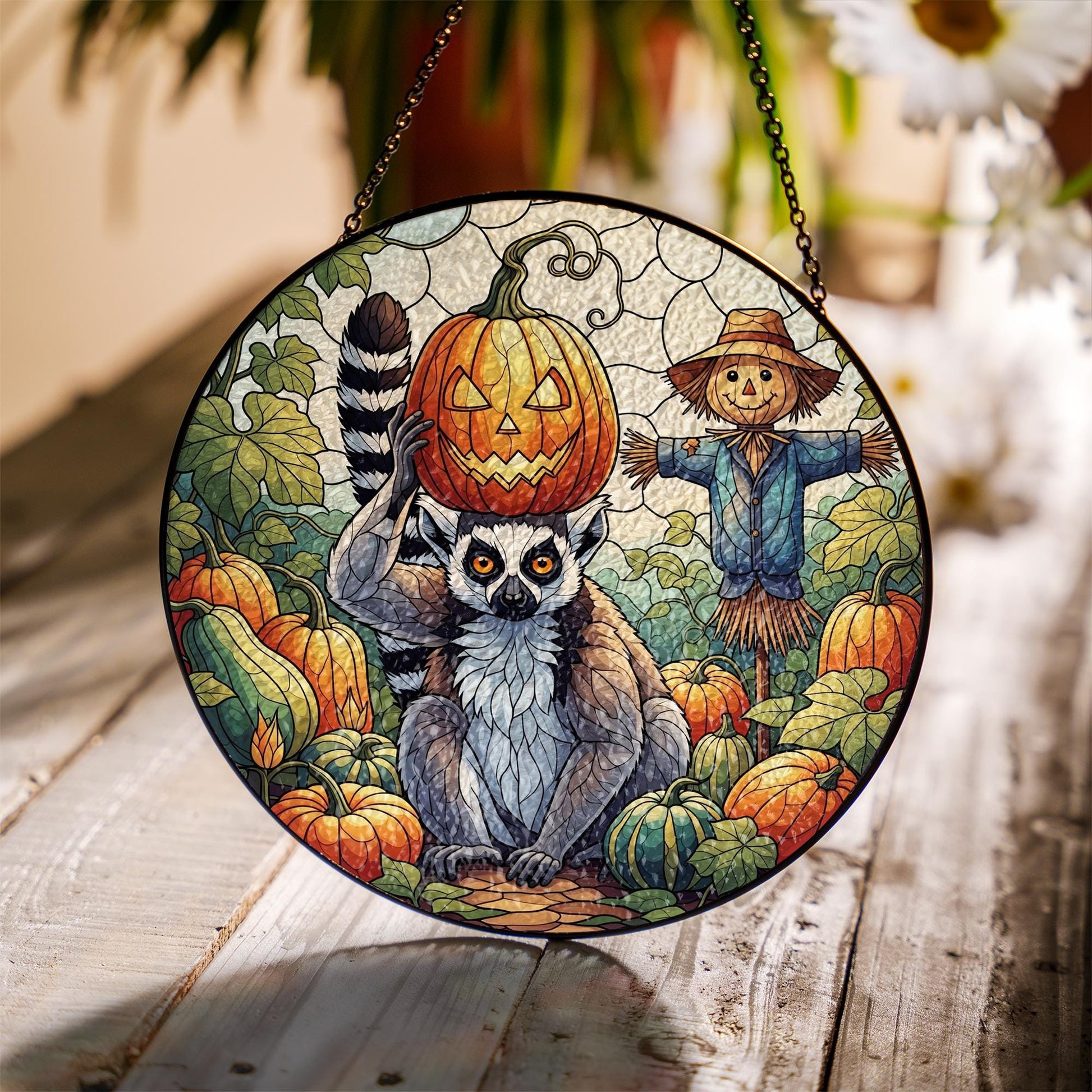 Lemur Pumpkin Halloween Stained Glass Suncatcher, Fall Window Decor, Scarecrow Autumn Art, Unique Animal Gif