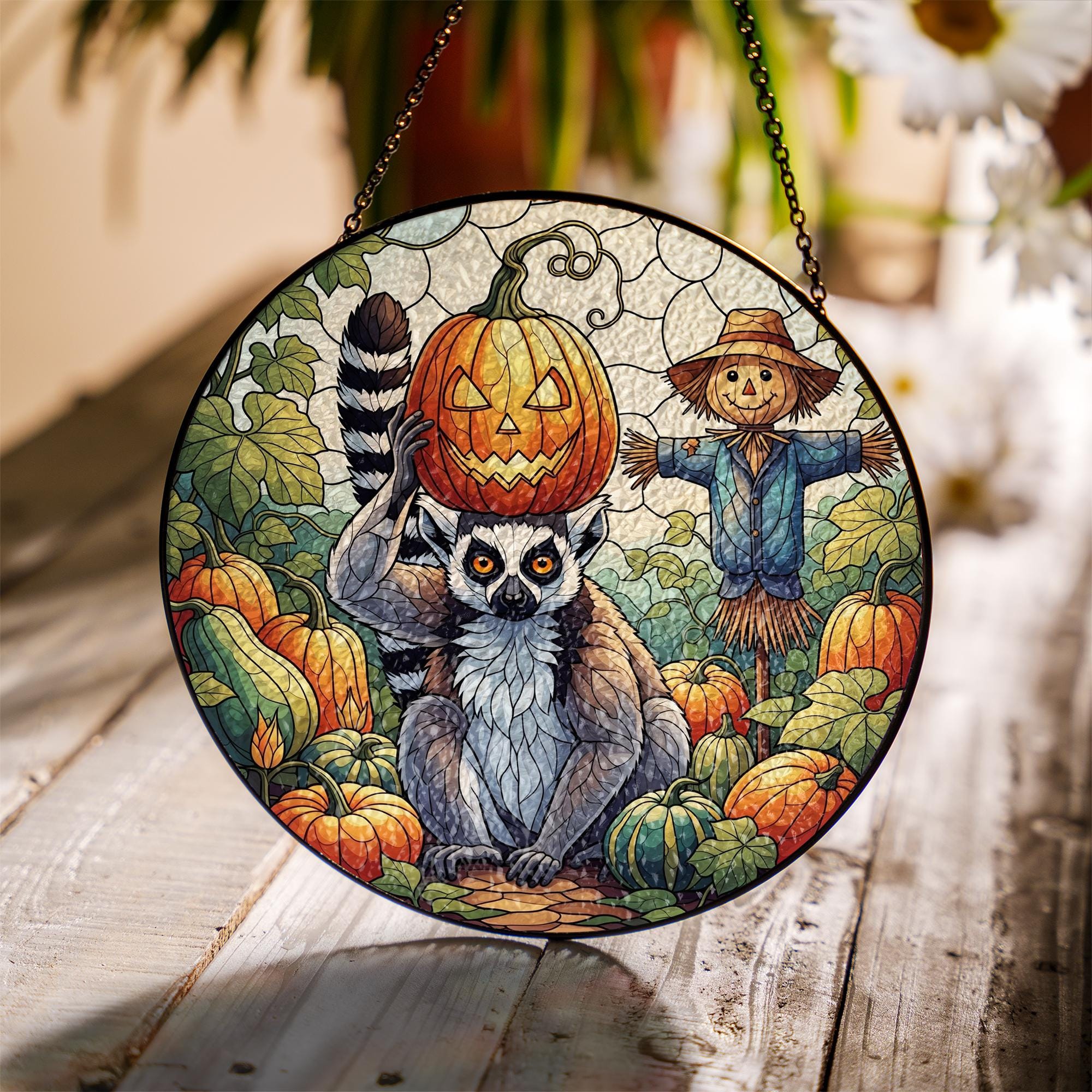 Lemur Pumpkin Halloween Stained Glass Suncatcher, Fall Window Decor, Scarecrow Autumn Art, Unique Animal Gif