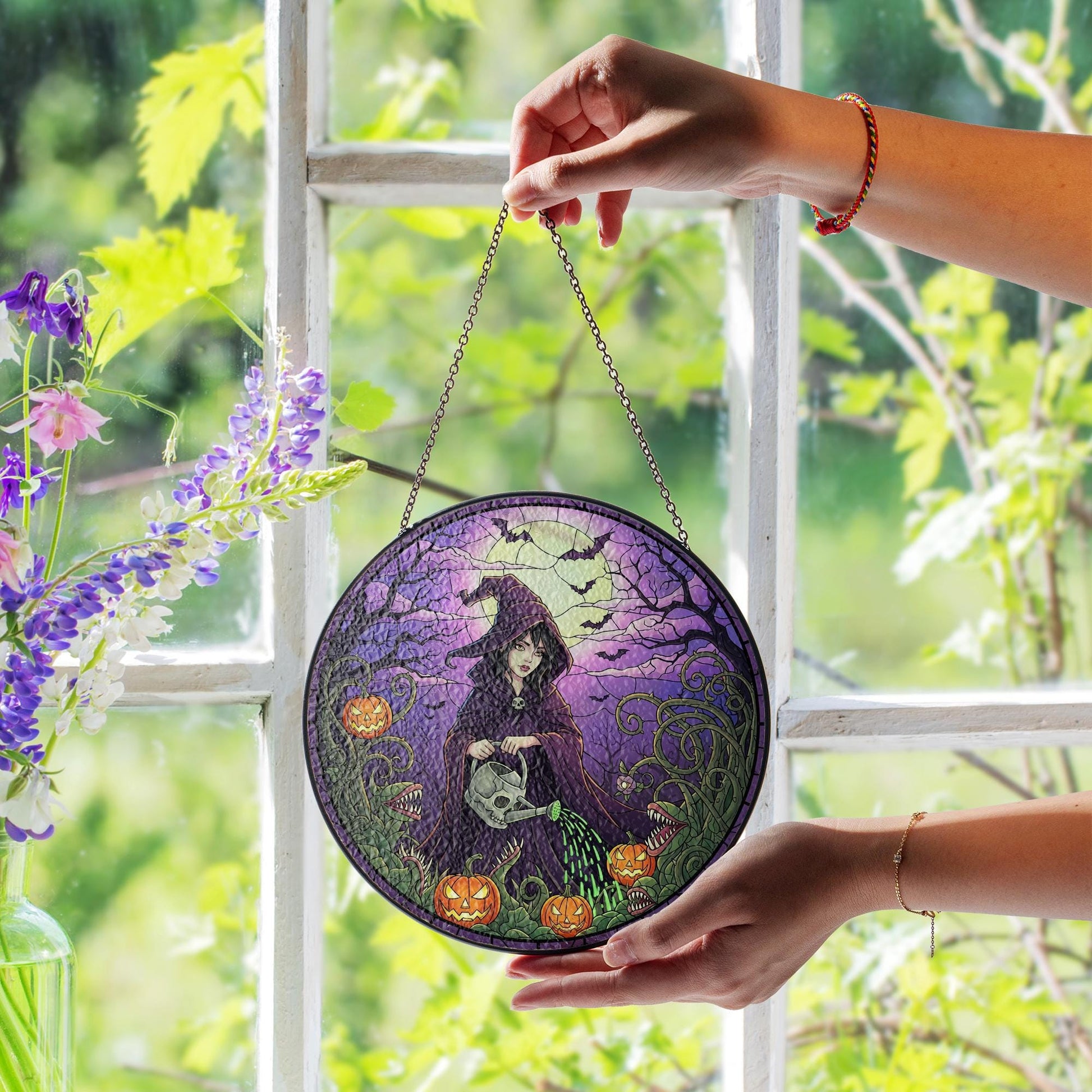 Halloween Witch Suncatcher – Gothic Stained Glass Style Window Hanging with Pumpkins & Moon