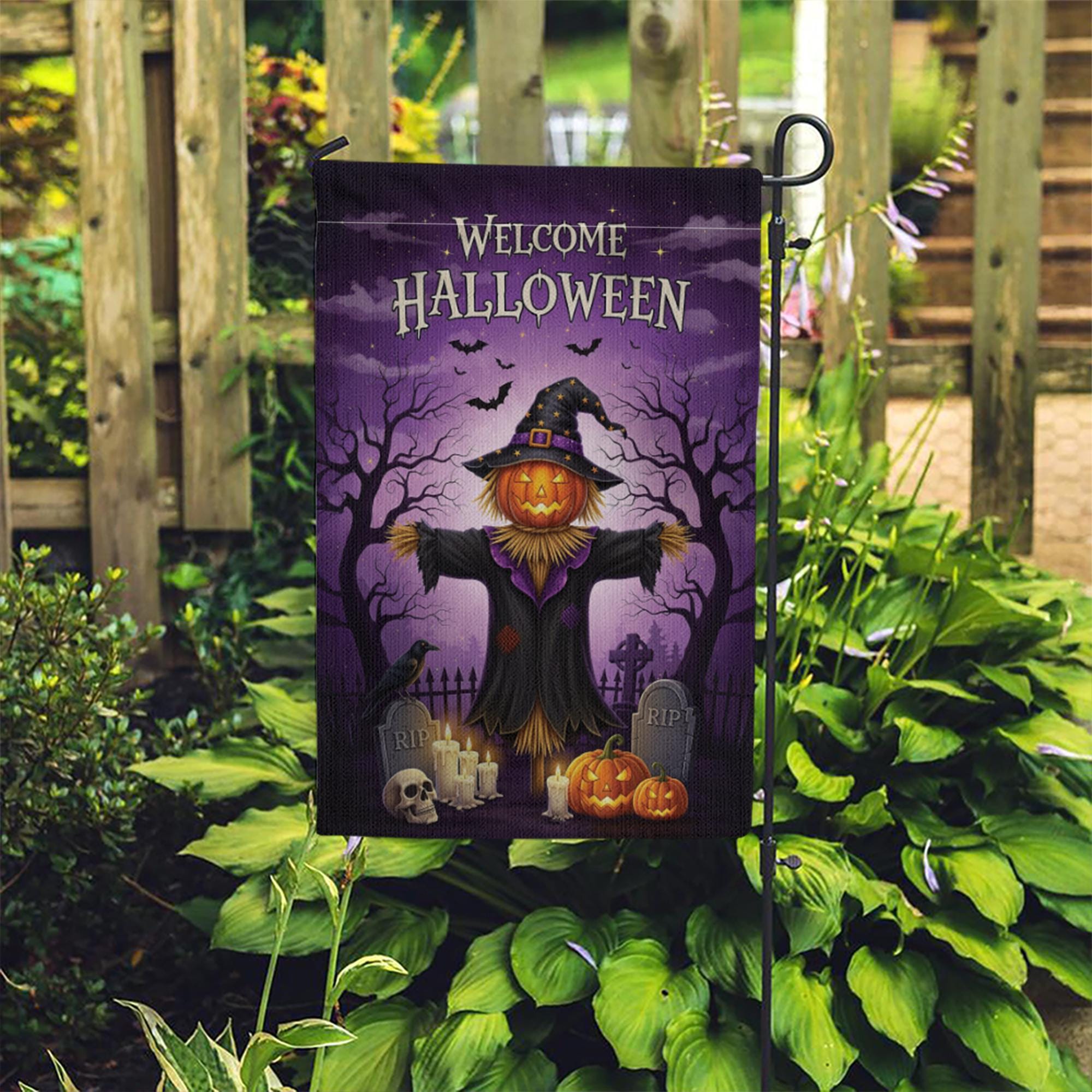 Welcome Halloween Garden Flag, Spooky Scarecrow Yard Decor, Outdoor Fall Banner, Trick or Treat Decoration