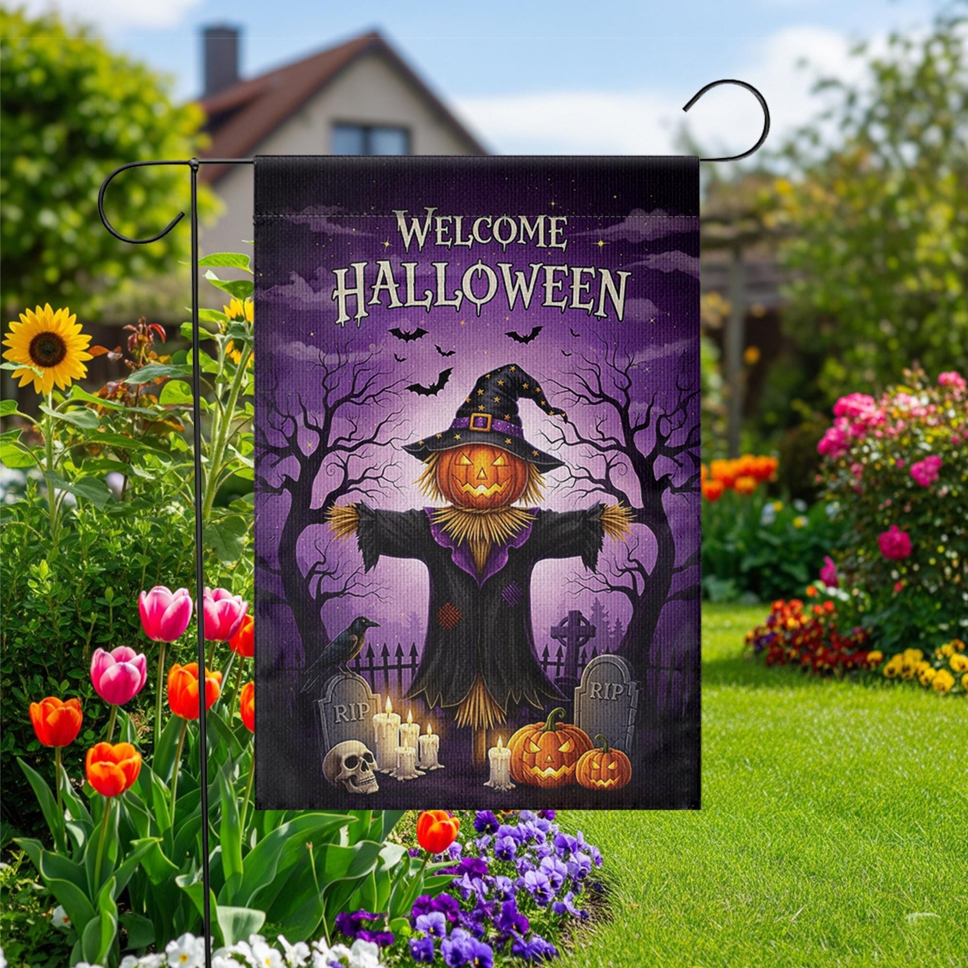 Welcome Halloween Garden Flag, Spooky Scarecrow Yard Decor, Outdoor Fall Banner, Trick or Treat Decoration