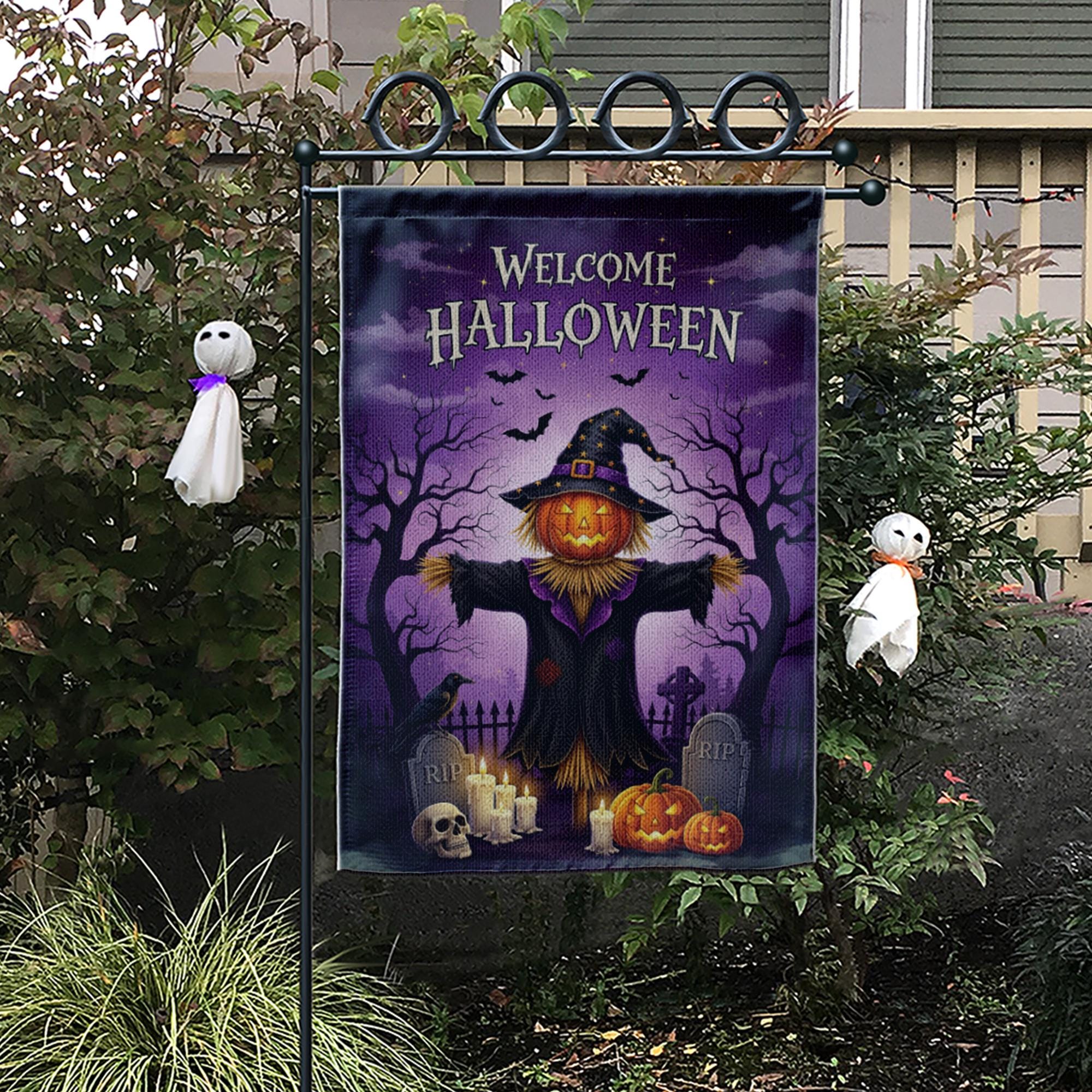 Welcome Halloween Garden Flag, Spooky Scarecrow Yard Decor, Outdoor Fall Banner, Trick or Treat Decoration