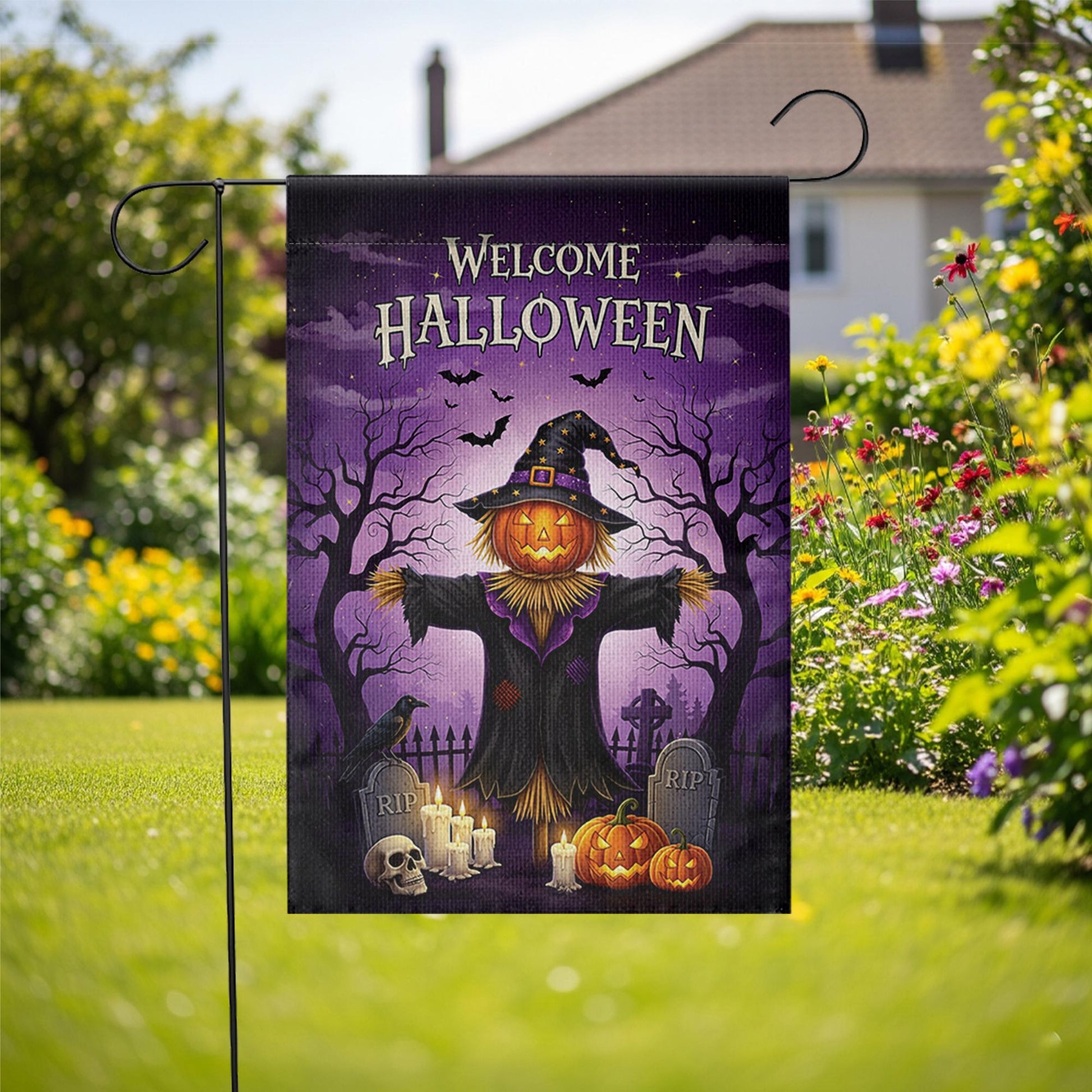 Welcome Halloween Garden Flag, Spooky Scarecrow Yard Decor, Outdoor Fall Banner, Trick or Treat Decoration