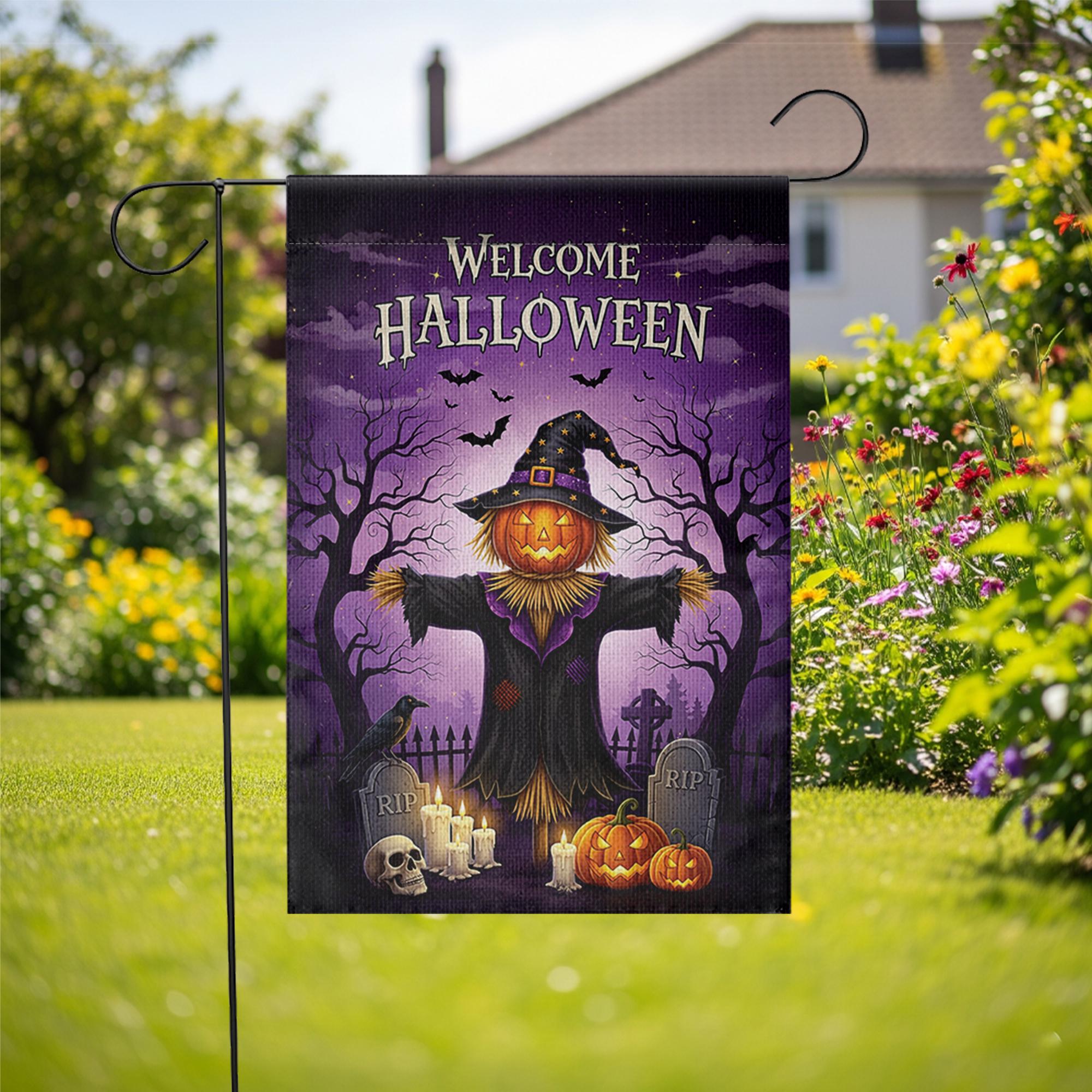 Welcome Halloween Garden Flag, Spooky Scarecrow Yard Decor, Outdoor Fall Banner, Trick or Treat Decoration