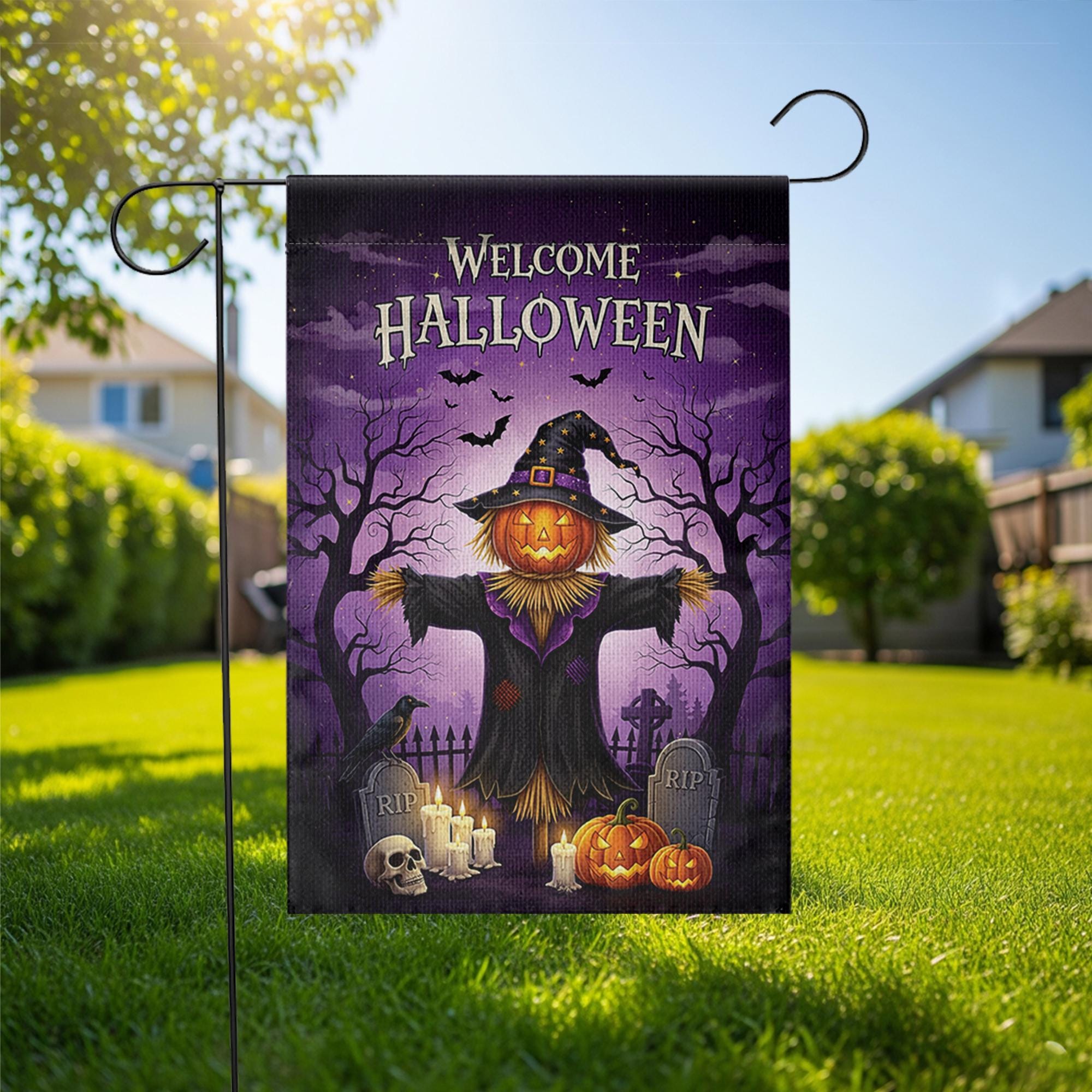 Welcome Halloween Garden Flag, Spooky Scarecrow Yard Decor, Outdoor Fall Banner, Trick or Treat Decoration