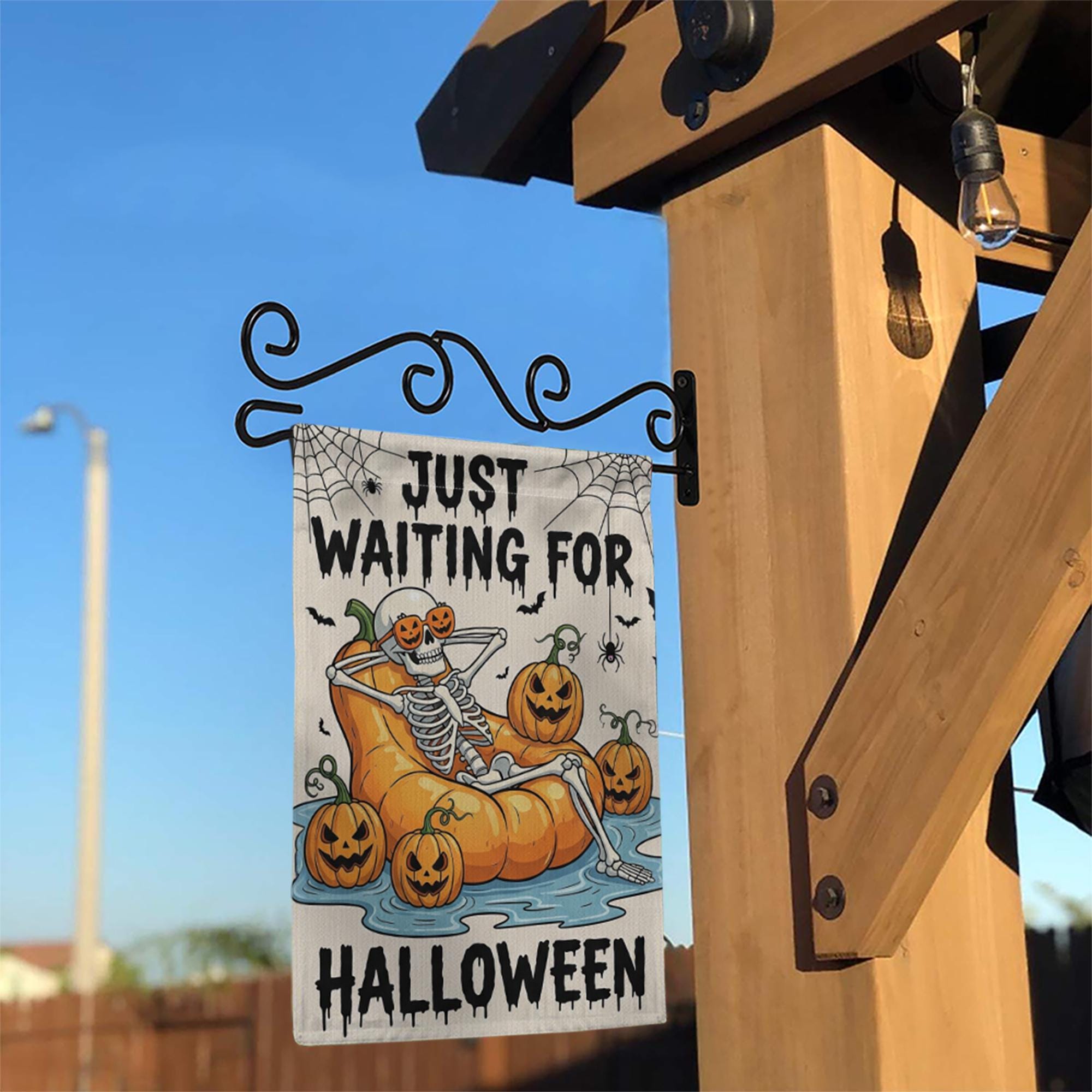 Just Waiting For Halloween Garden Flag, Funny Skeleton Pumpkin Decor, Spooky Yard Banner, Outdoor Fall Decoration