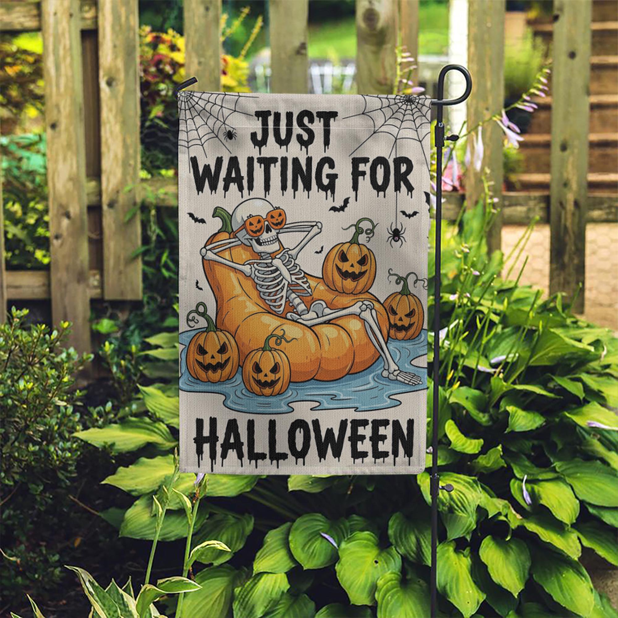 Just Waiting For Halloween Garden Flag, Funny Skeleton Pumpkin Decor, Spooky Yard Banner, Outdoor Fall Decoration