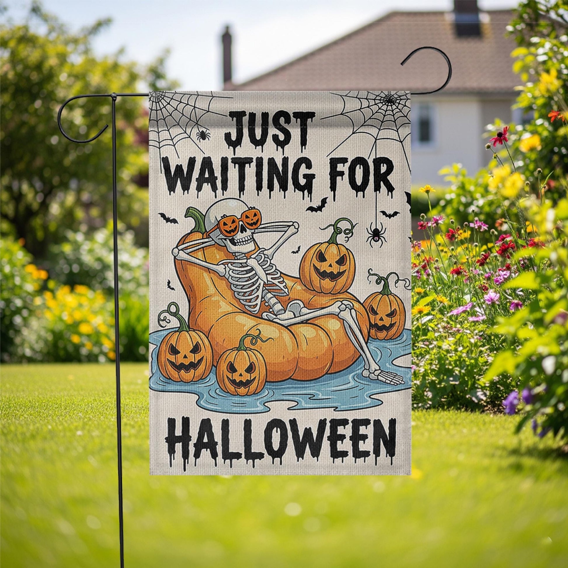 Just Waiting For Halloween Garden Flag, Funny Skeleton Pumpkin Decor, Spooky Yard Banner, Outdoor Fall Decoration