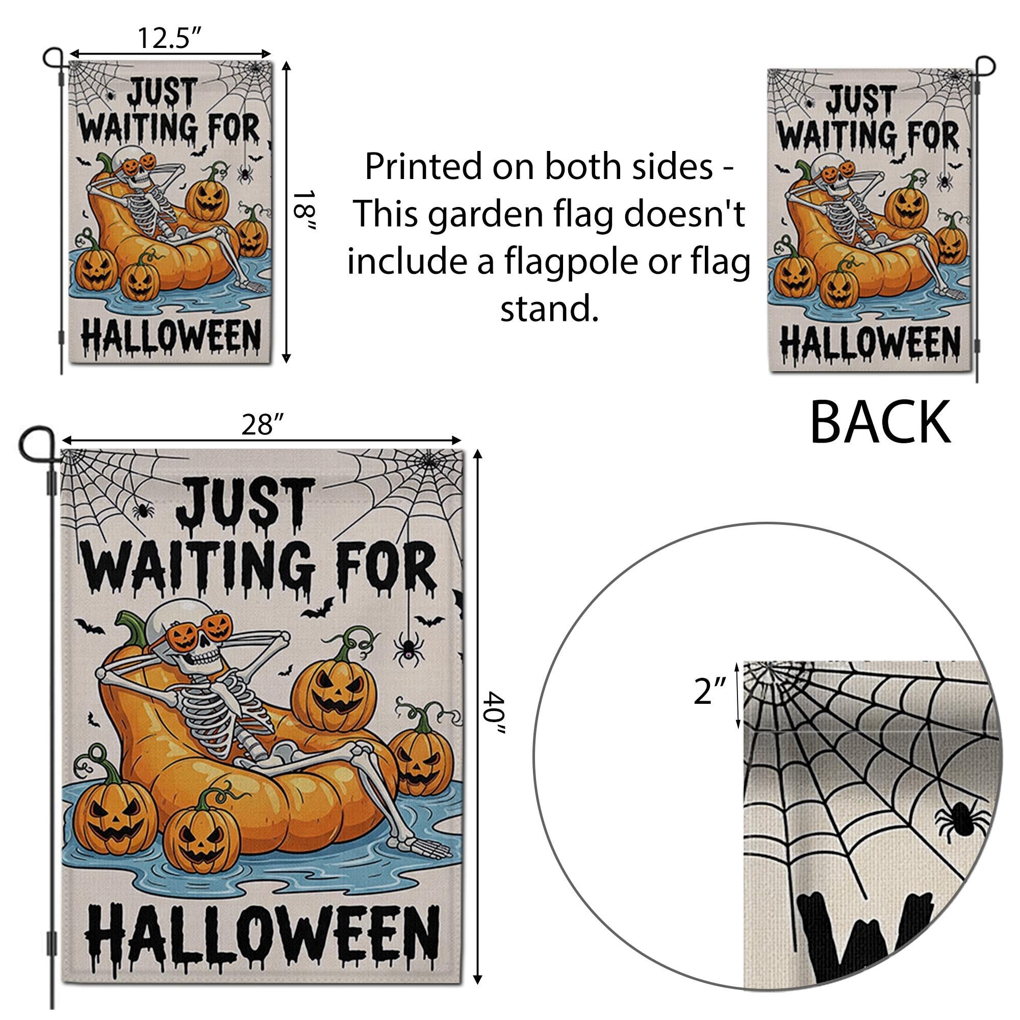 Just Waiting For Halloween Garden Flag, Funny Skeleton Pumpkin Decor, Spooky Yard Banner, Outdoor Fall Decoration
