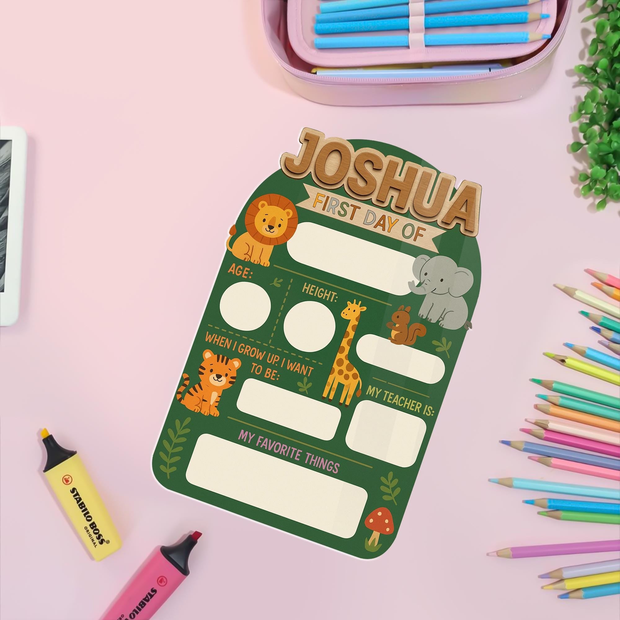 Personalized Jungle First Day of School Board, Reusable Milestone Sign for Kids, Wildlife Animals Back to School Photo Prop, Milestone Board