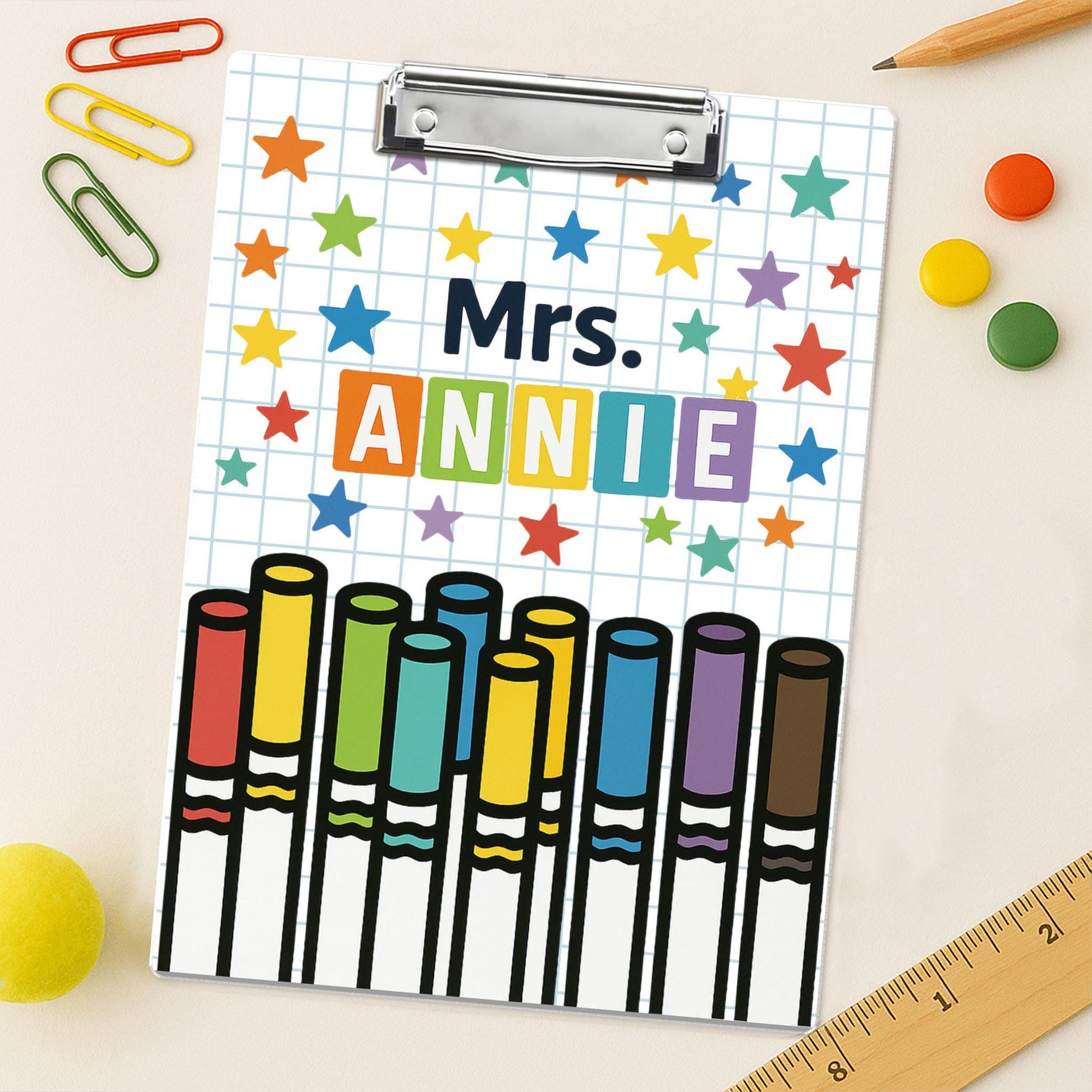Personalized Acrylic Clipboard for Teachers - Colorful Marker and Star Design, Custom Name Gift, Fun Back to School Teacher Accessory