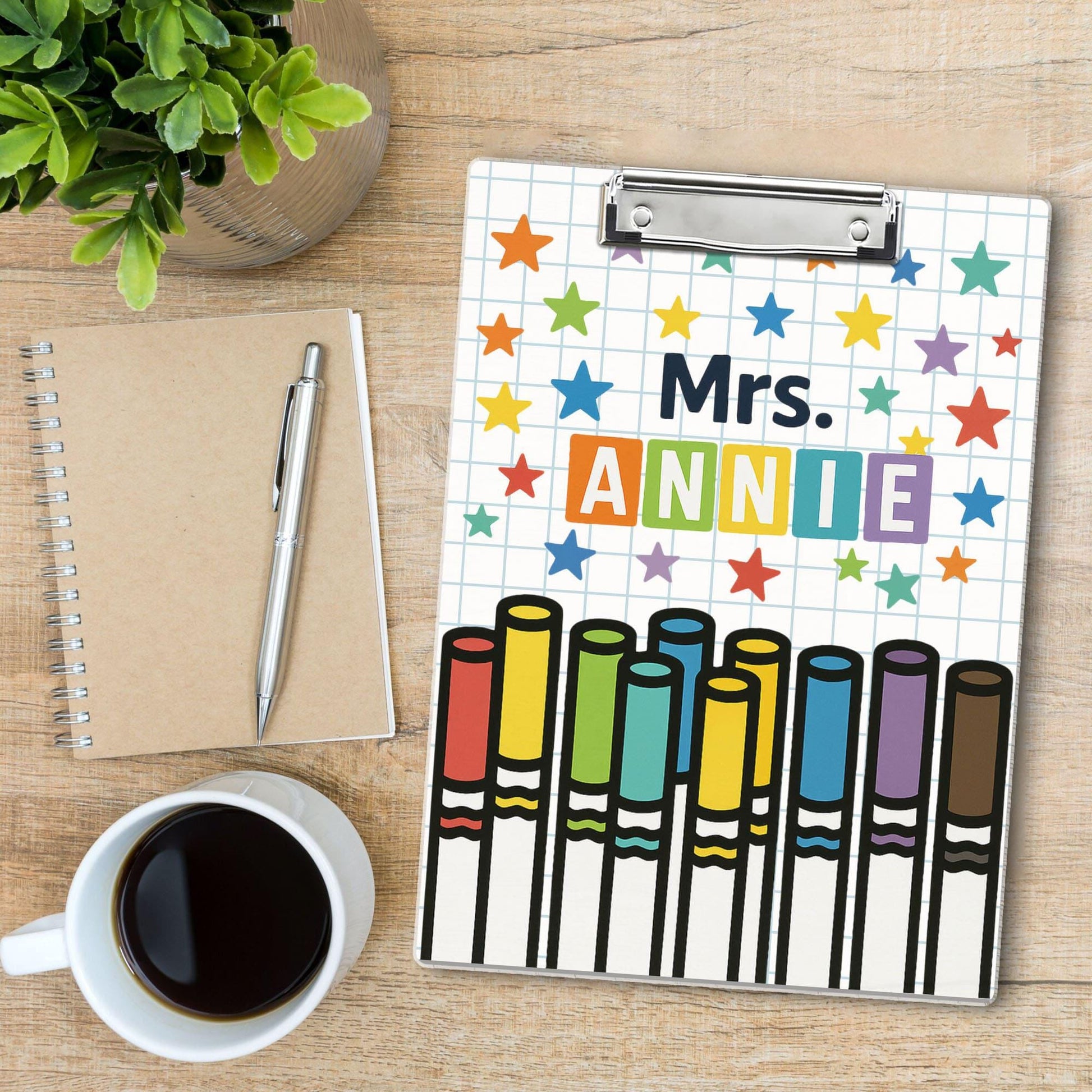 Personalized Acrylic Clipboard for Teachers - Colorful Marker and Star Design, Custom Name Gift, Fun Back to School Teacher Accessory